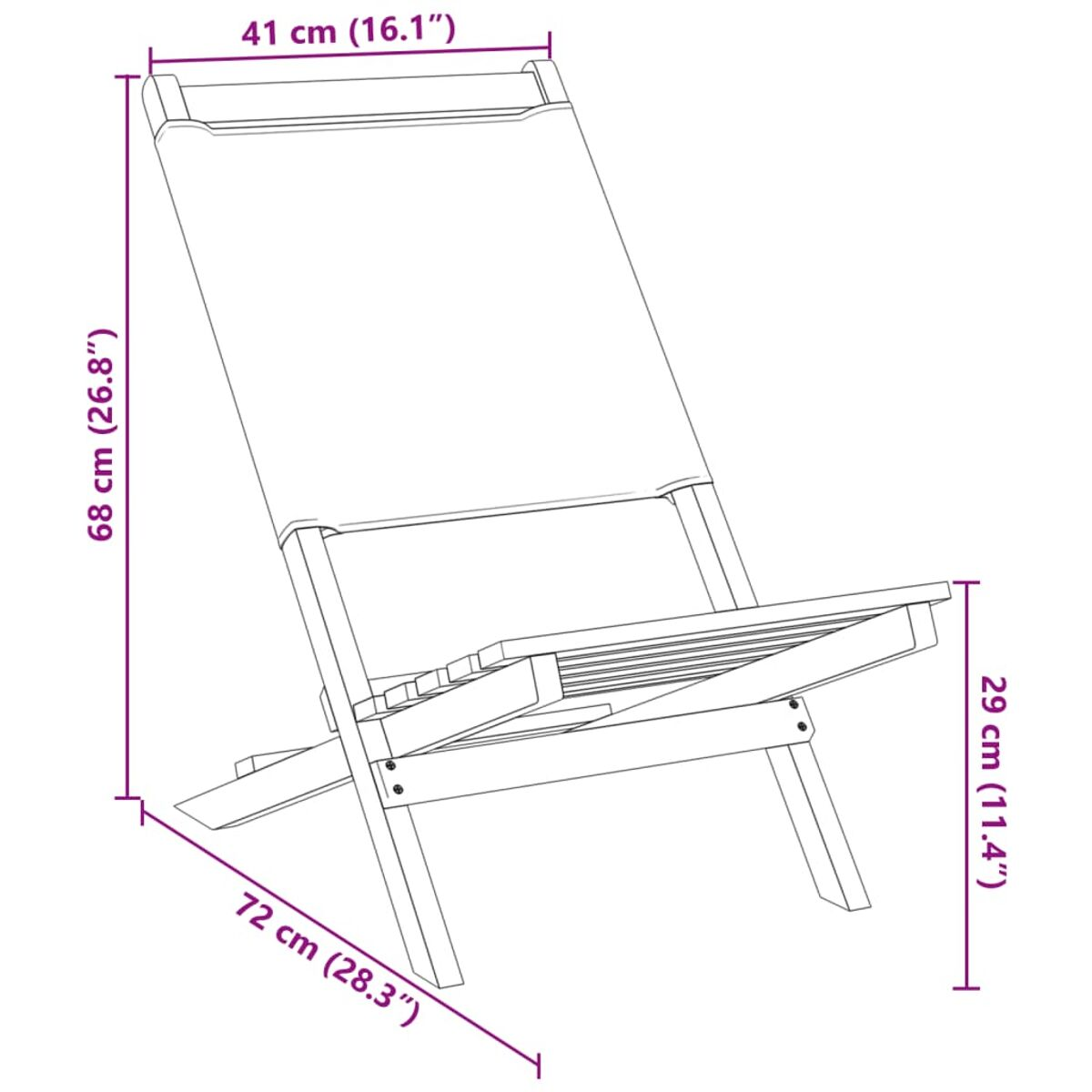 Sedia pieghevole in legno con dimensioni. Seduta in tessuto bianco. Struttura marrone.