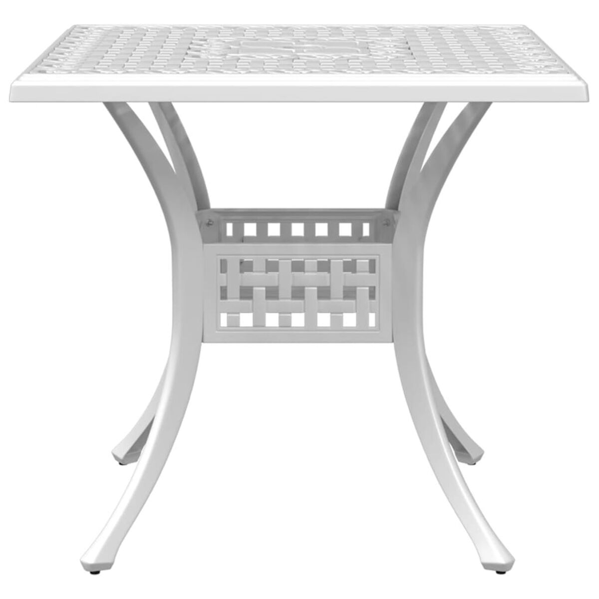 Weißer quadratischer Gartentisch mit gemusterter Oberseite und geschwungenen Beinen.