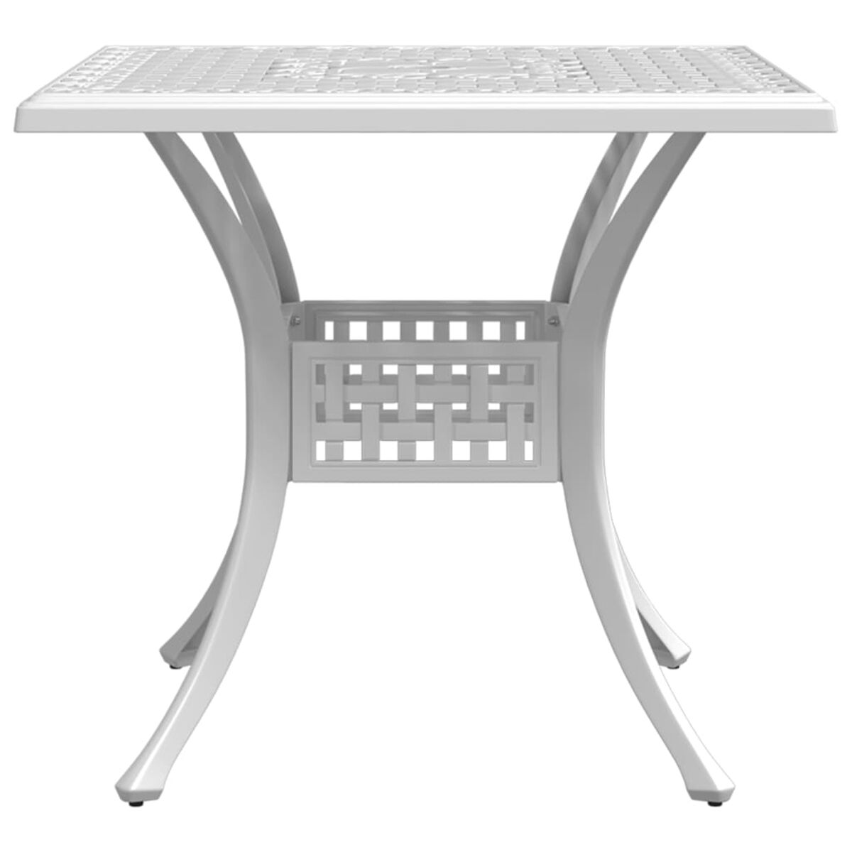 Ein weißer, quadratischer Tisch mit dekorativen Metallbeinen.
