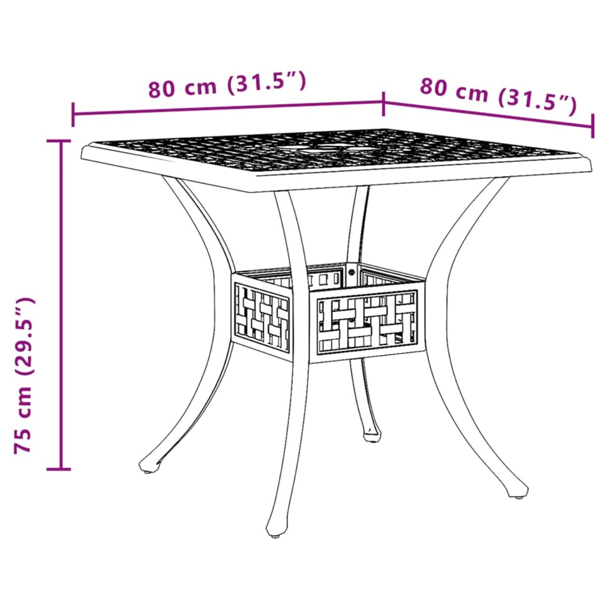 Ein quadratischer Metalltisch mit Maßen. Er hat eine verzierte Oberfläche und einen dekorativen Sockel mit geschwungenen Beinen.