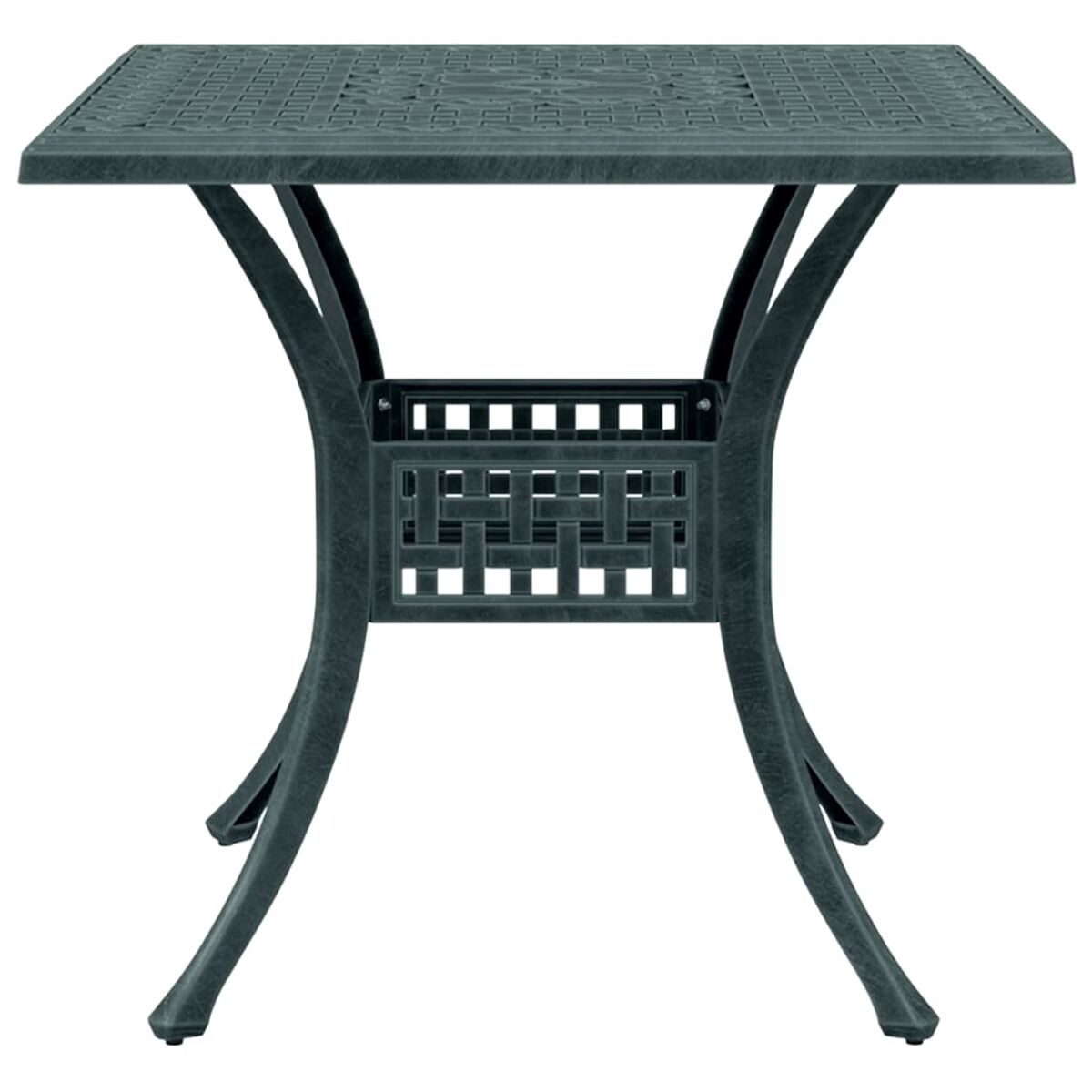 Quadratischer, dunkelgrauer Metalltisch mit gemusterter Platte und geschwungenen Beinen, isoliert auf Weiß.