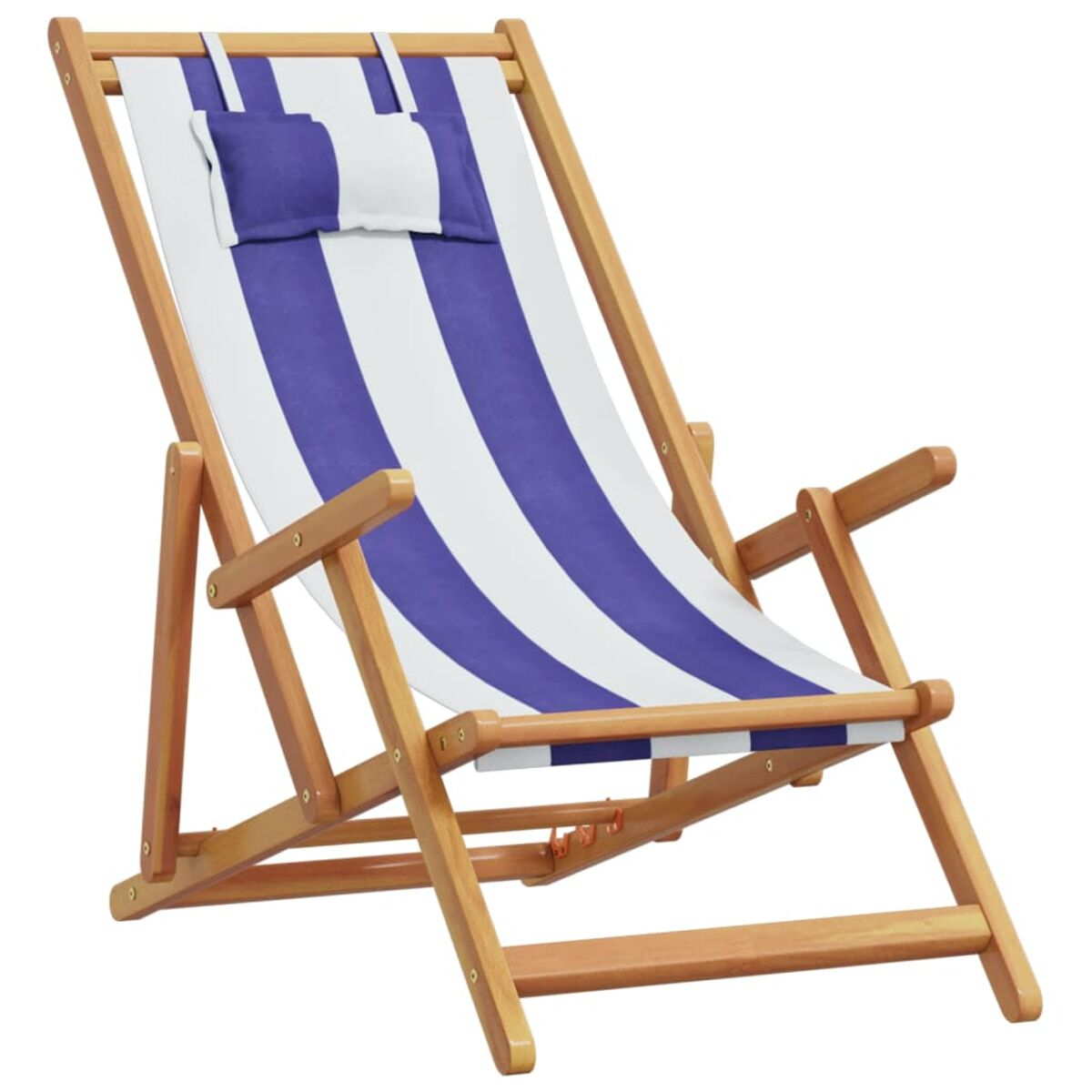 Strandstuhl aus Holz mit blau-weißen Streifen. Hat eine Kopfstütze und ein kleines Kissen.