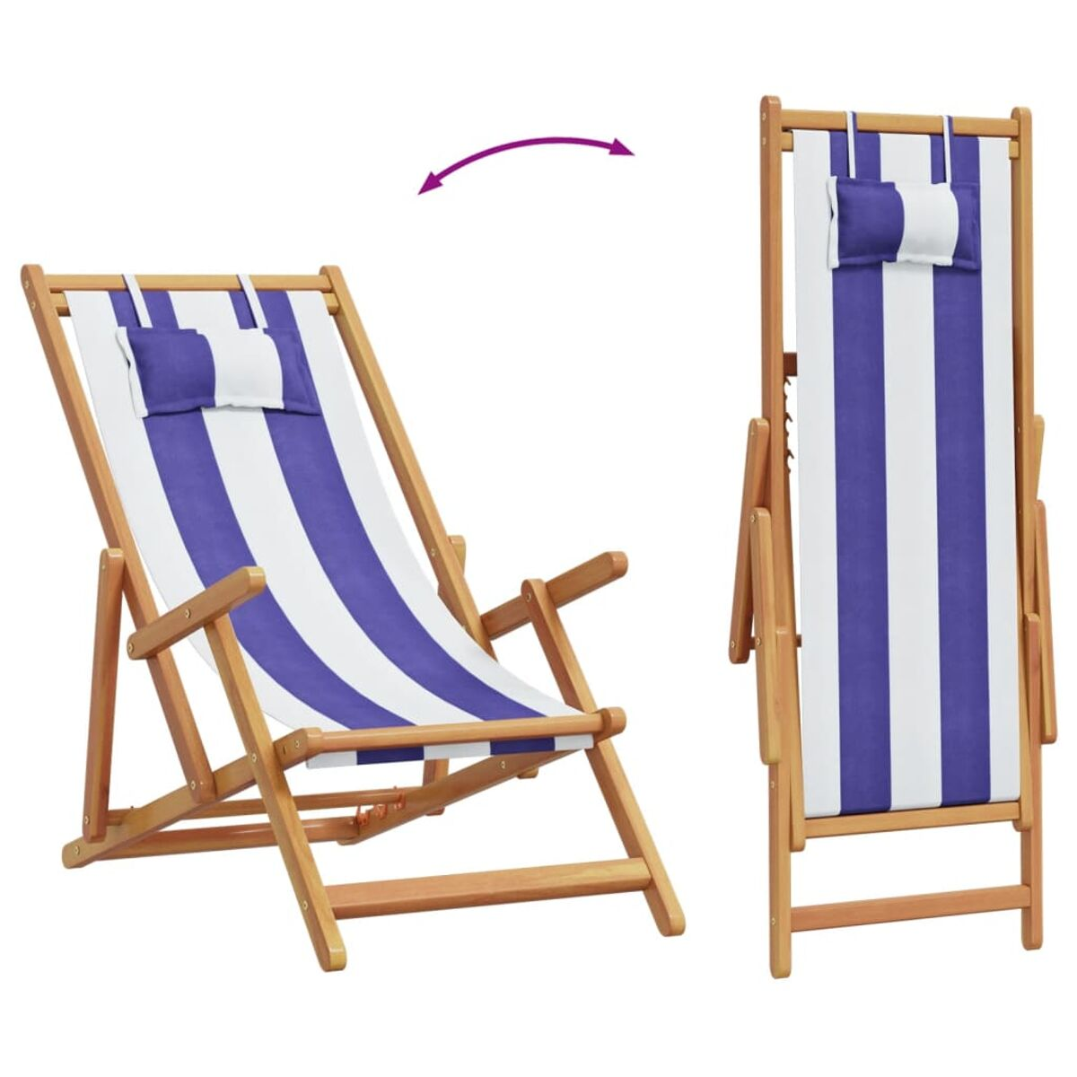 Klappbarer Strandstuhl, blau-weiß gestreift, Holzrahmen. Gefaltet und offen gezeigt.
