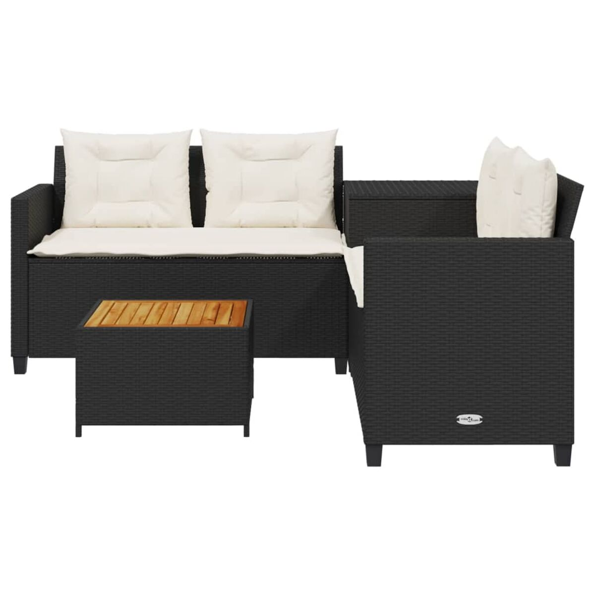 Schwarzes Gartenmöbelset aus Korbgeflecht mit Kissen und kleinem Tisch.