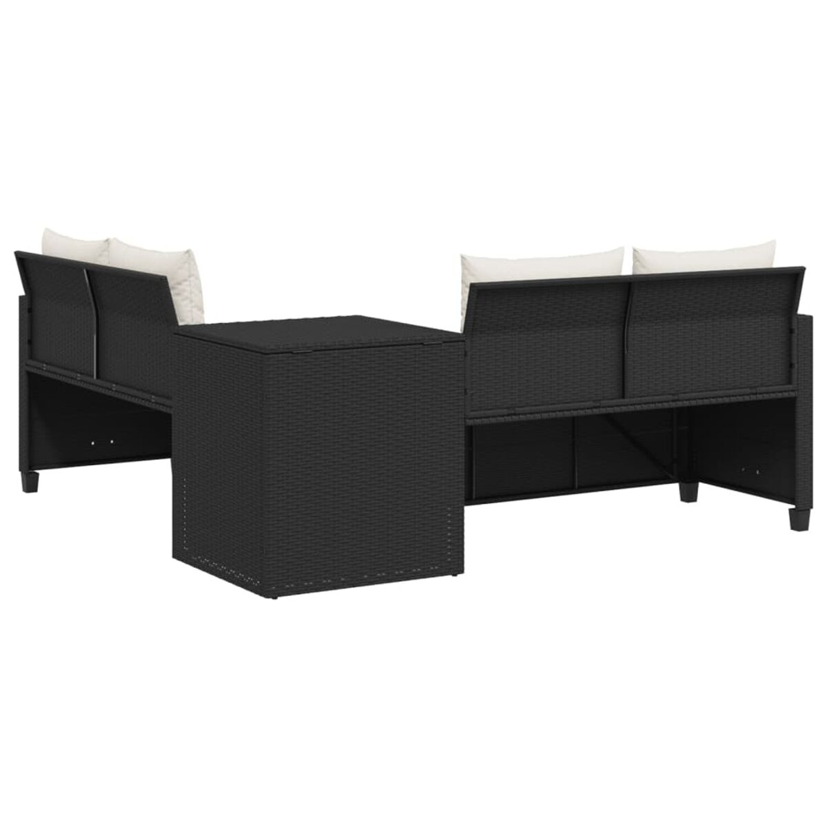 Schwarzes Outdoor-Sofa-Set aus Korbgeflecht mit weißen Kissen und einem schwarzen quadratischen Tisch auf weißem Hintergrund.