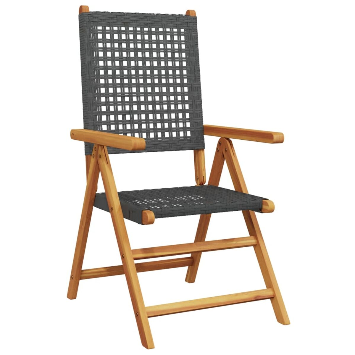Klappstuhl aus Holz mit grau gewebtem Sitz. Armlehnen vorhanden.