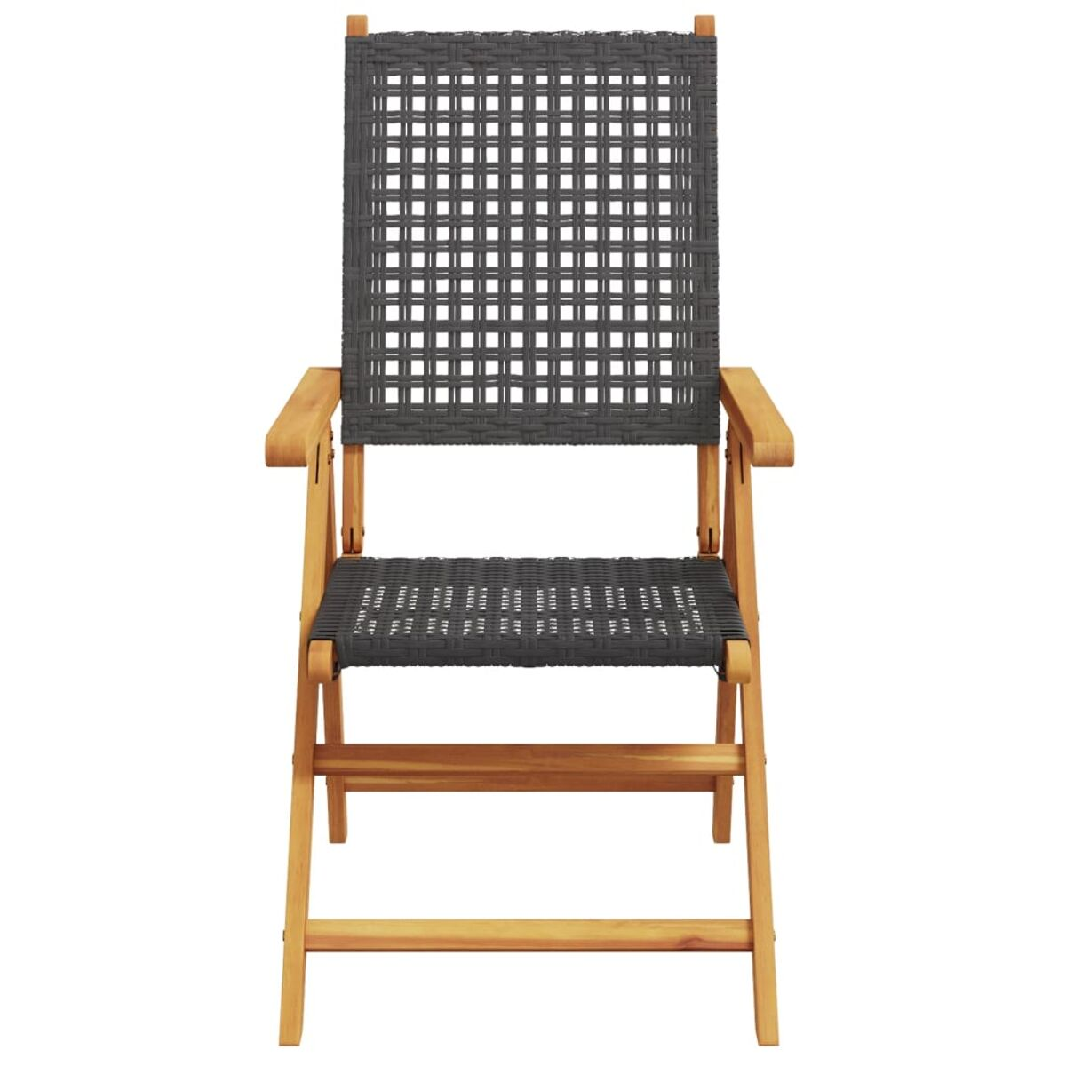 Ein Holzklappstuhl mit dunkelgrauem gewebtem Sitz und Rücken ist isoliert.
