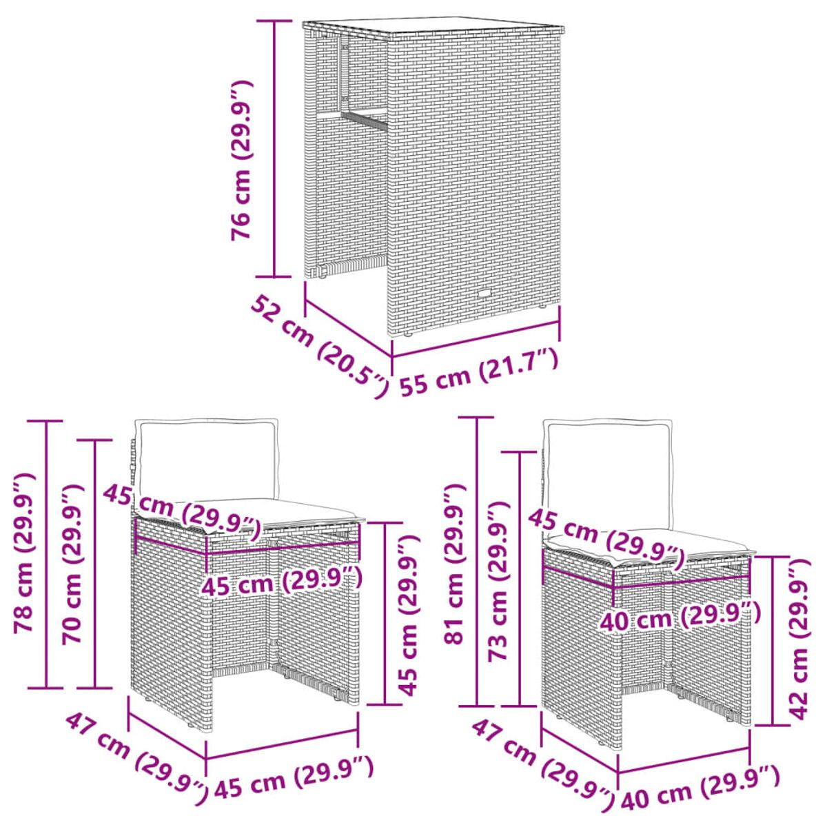 Diagramm von Gartenmöbeln mit Maßen in Zentimetern und Zoll. Enthält einen Tisch und Stühle.