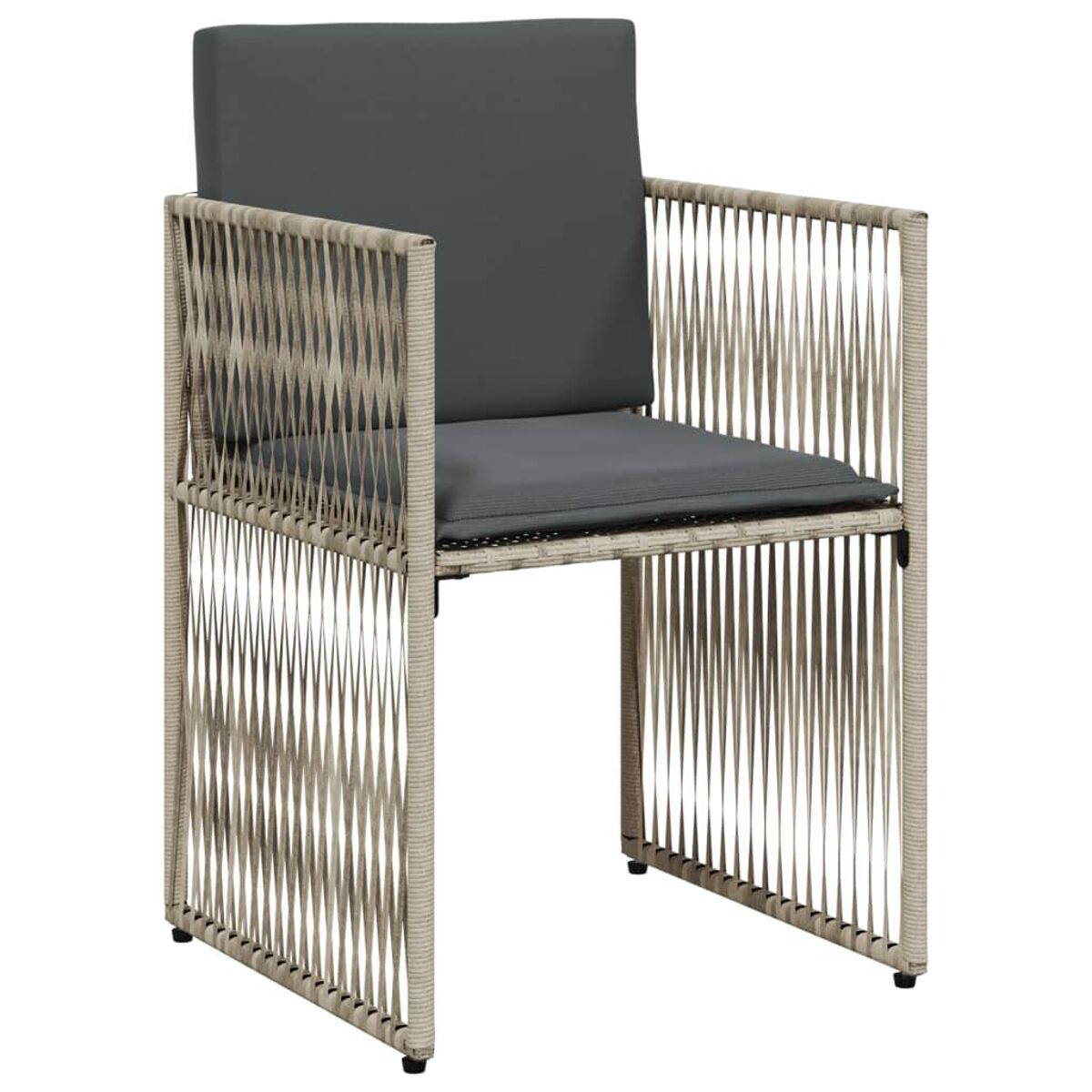 Sedia da esterno con motivo intrecciato e cuscino grigio. Braccioli, design quadrato. Struttura beige.