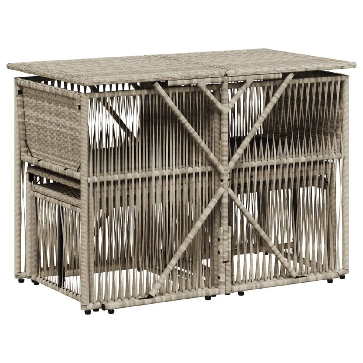 Set bar in vimini. Cornice beige con supporti verticali e orizzontali. Piano del tavolo presente. Basi nere per stabilità.