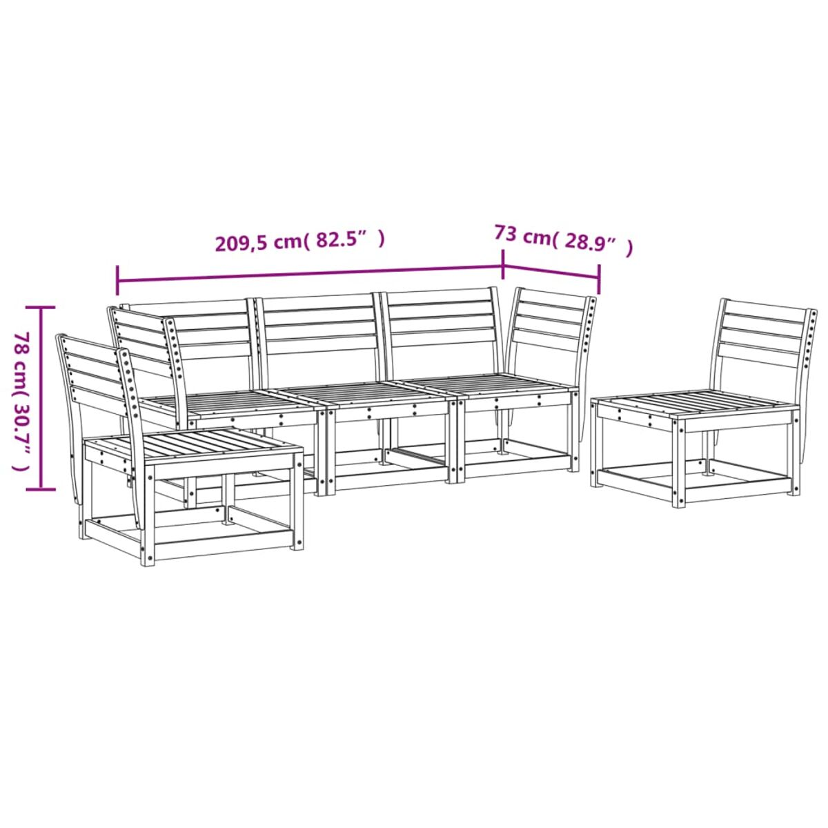 Ein Holz-Gartenmöbel-Set mit Maßen. Enthält mehrere Sitzmöbel.