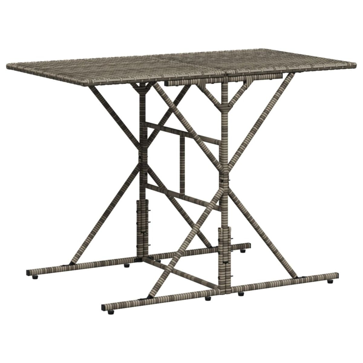 Tavolo in vimini con base a forma di croce. Colore grigio, design semplice, isolato su bianco.
