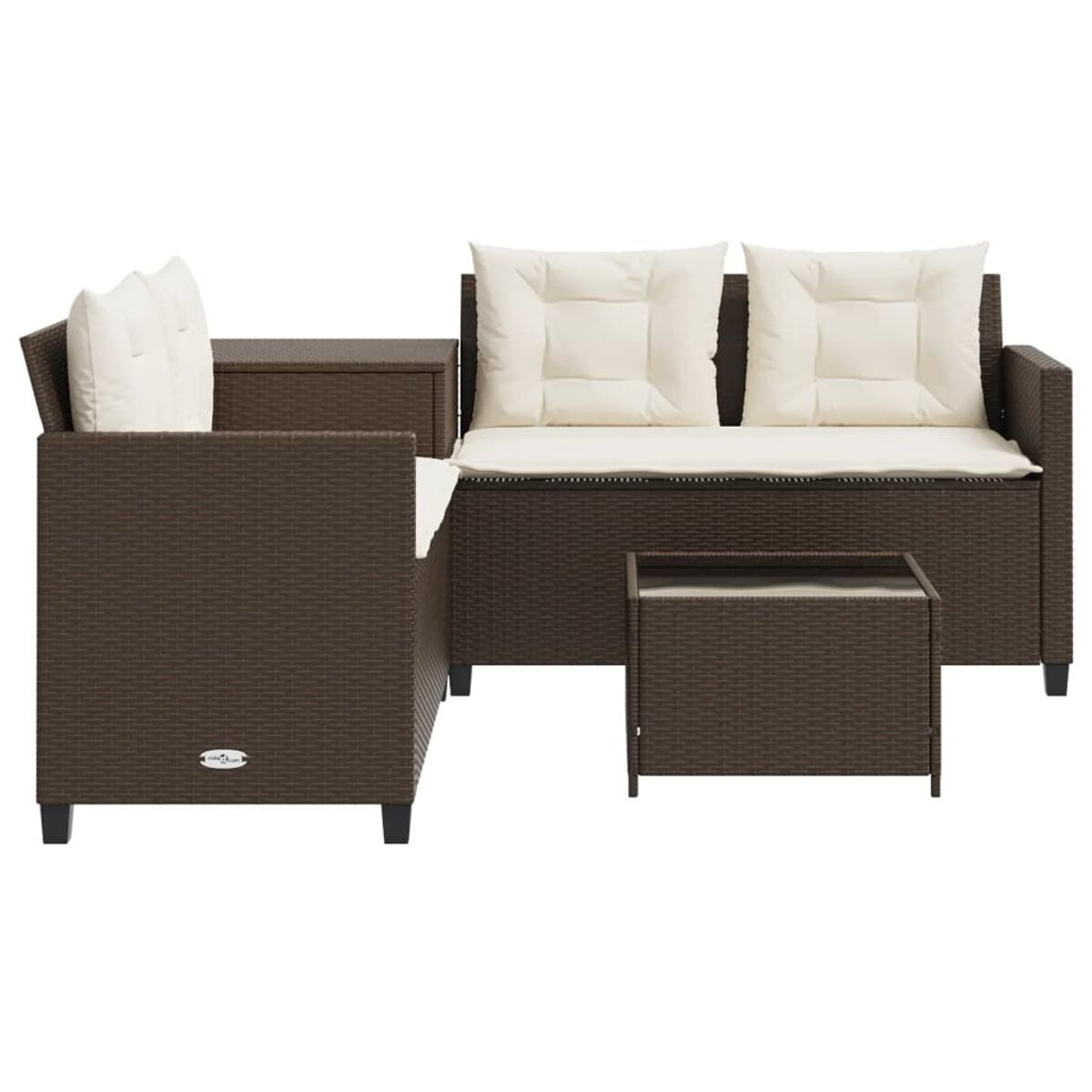 Set divani da esterno in rattan marrone con cuscini bianchi, include divano, sedia e tavolo.