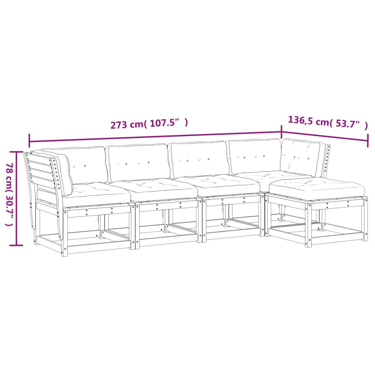 Diagramm eines großen Ecksofas aus Holz mit Maßen. Das Sofa besteht aus mehreren Teilen.