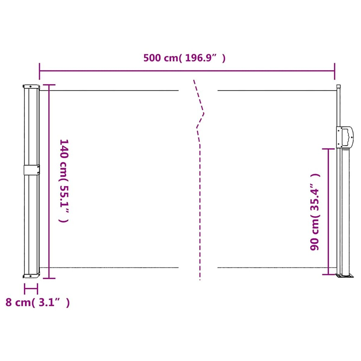 Diagramm eines einziehbaren Bildschirms mit Maßangaben in cm und Zoll.