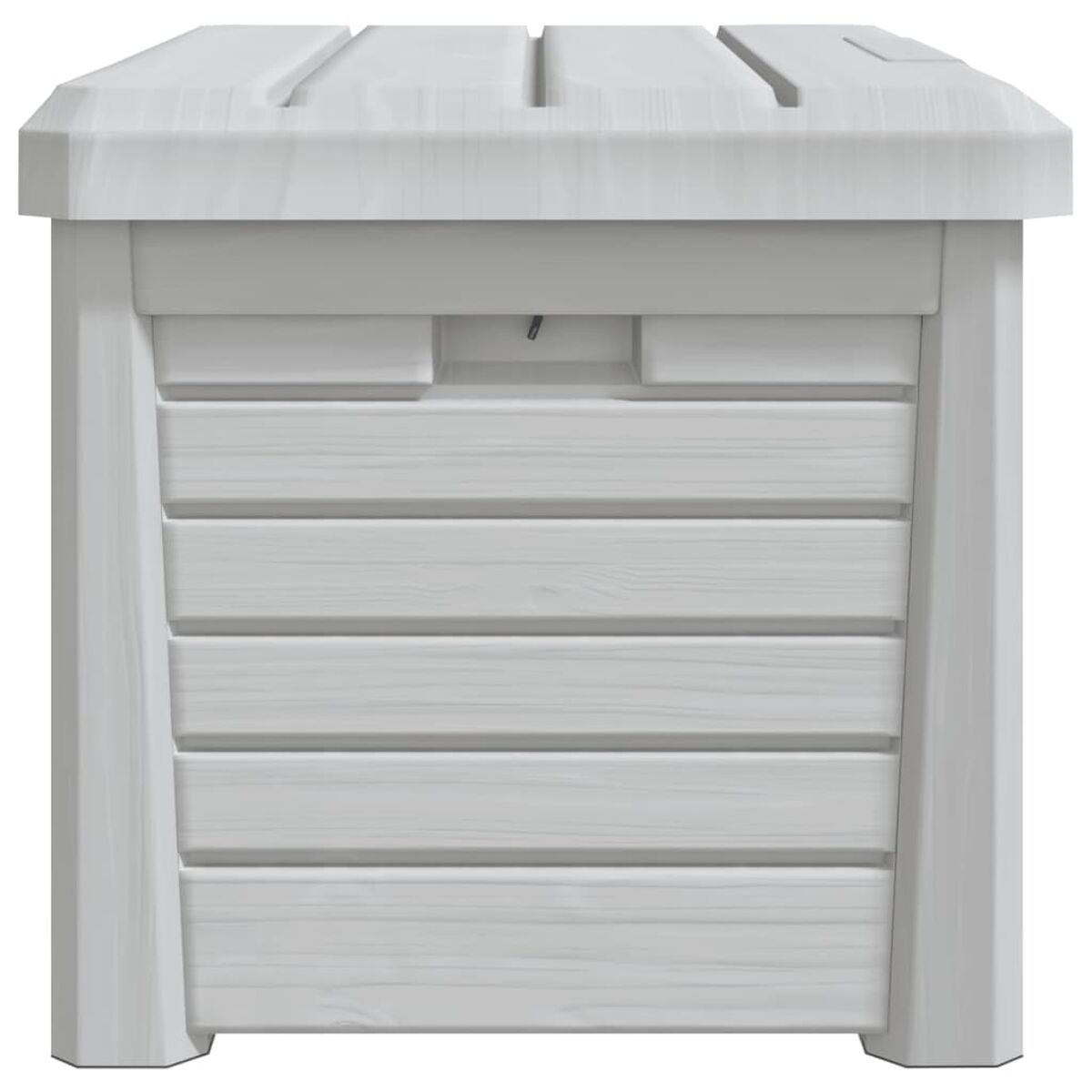 Weiße Outdoor-Aufbewahrungsbank mit horizontalen Lamellen. Ein einfaches Design, Frontansicht.