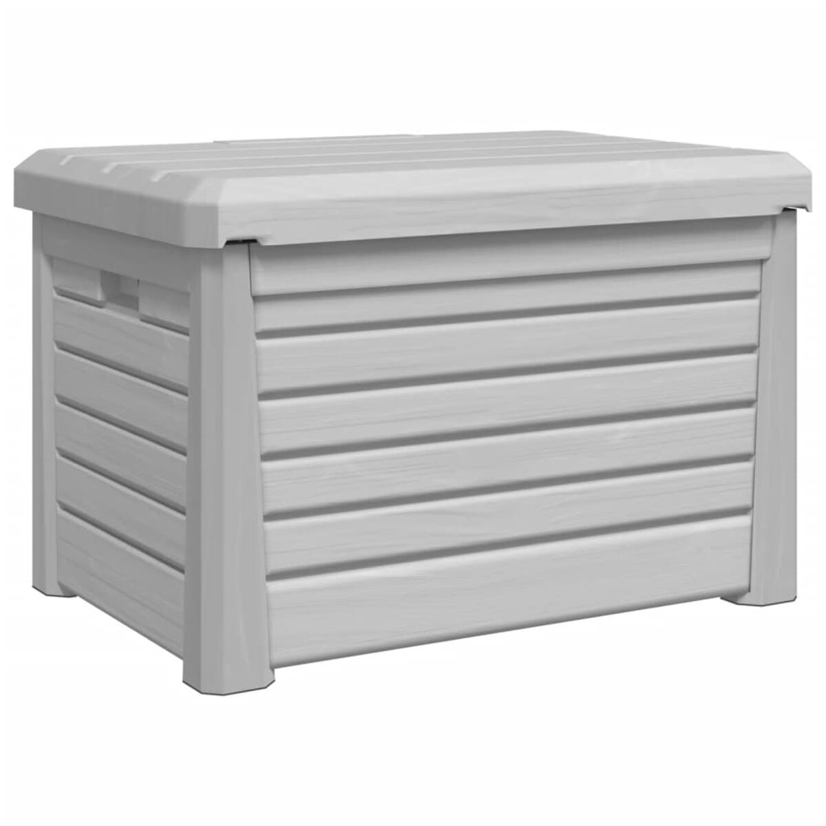 Eine weiße Aufbewahrungsbox mit Deckel. Die Box hat horizontale Linien und ist weiß.