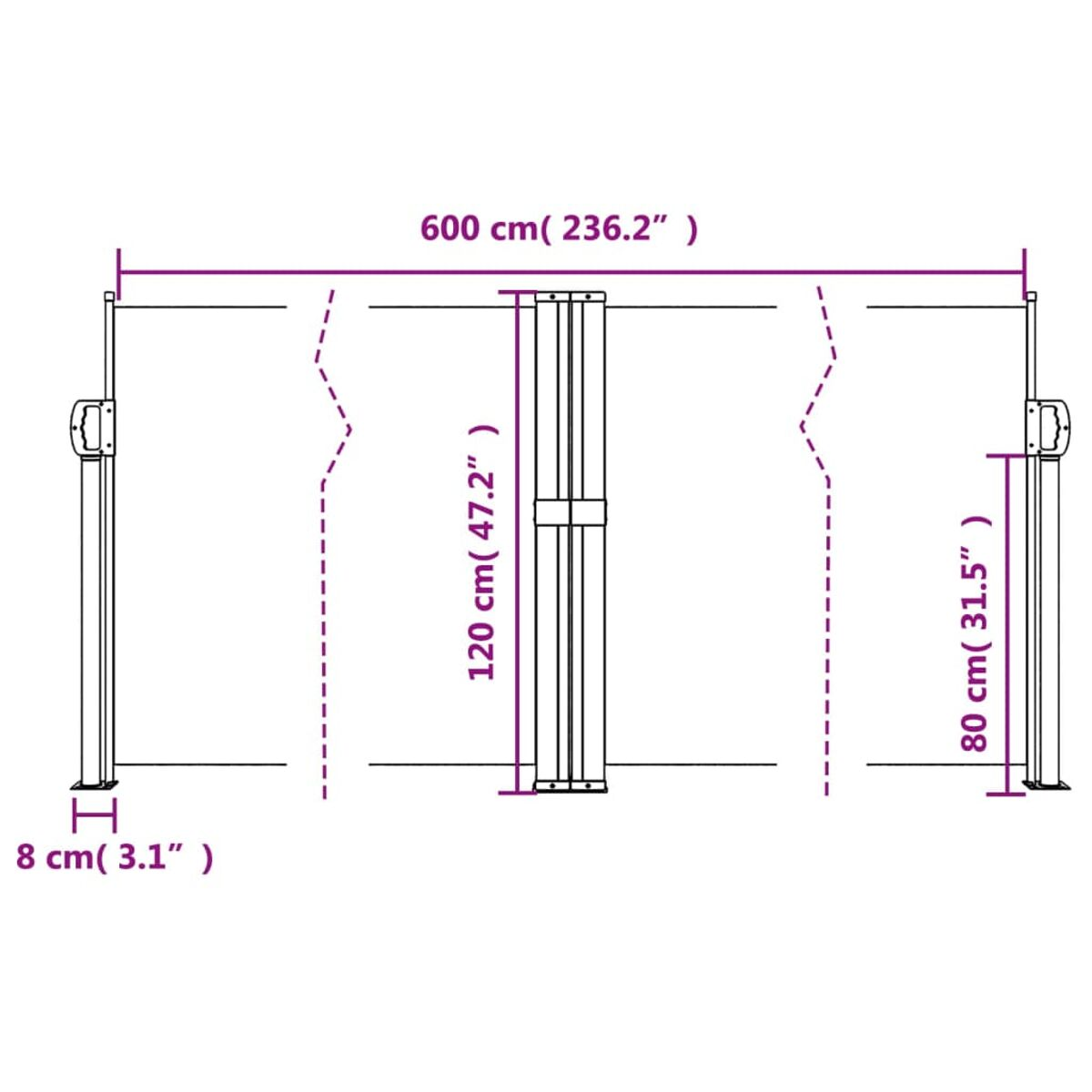 Diagramm einer einziehbaren Leinwand mit Maßen. Sie ist 600 cm breit, 120 cm hoch und 8 cm dick.