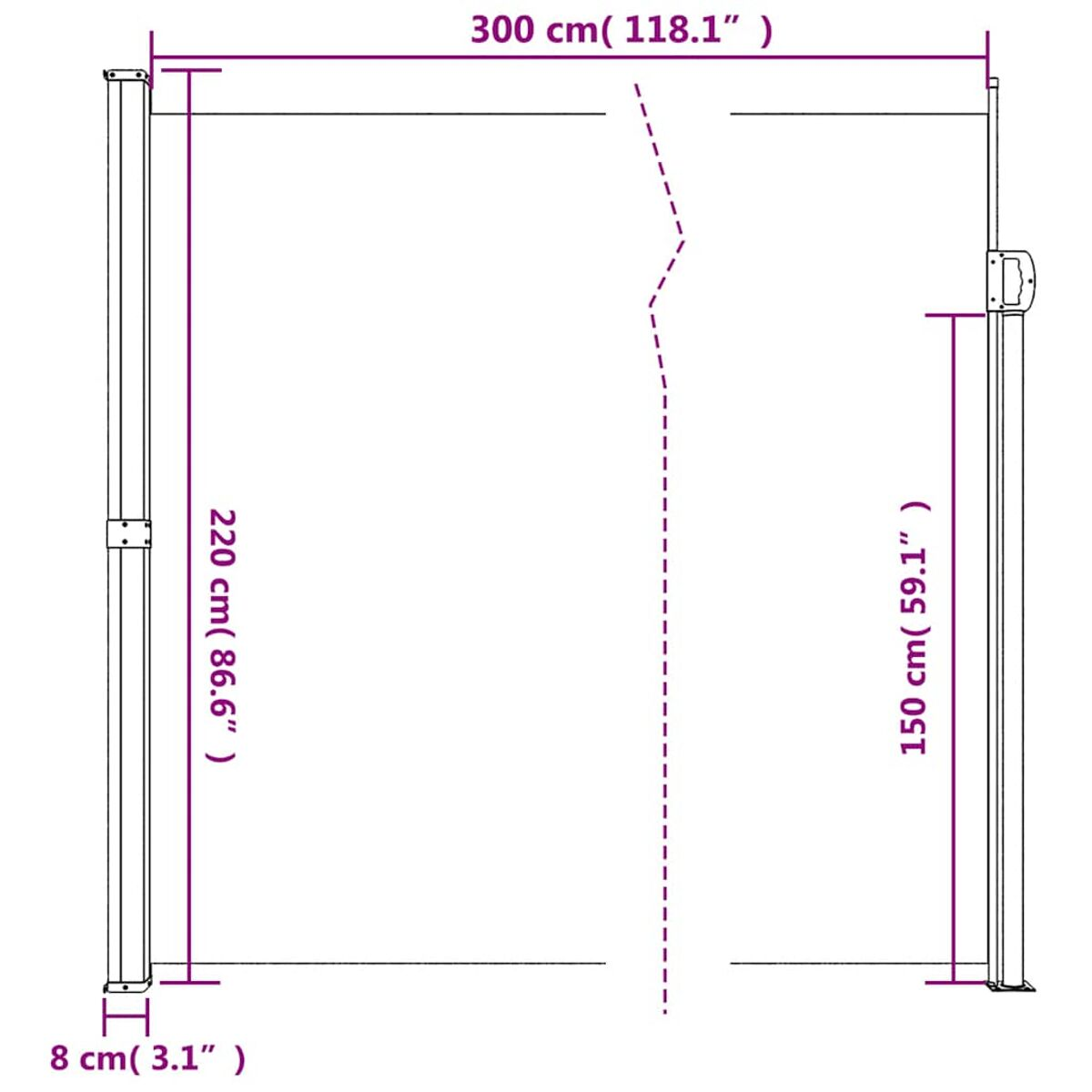Diagramm eines einziehbaren Bildschirms mit Abmessungen in cm.