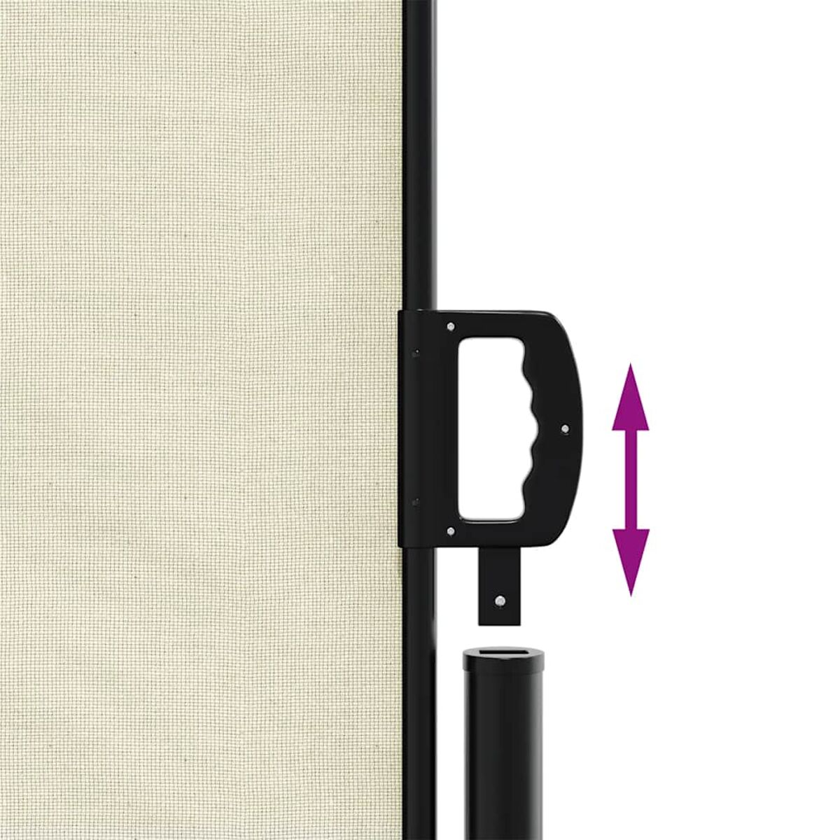 Beige Textilpaneel mit schwarzem Griff. Ein violetter Pfeil zeigt die vertikale Bewegung an.