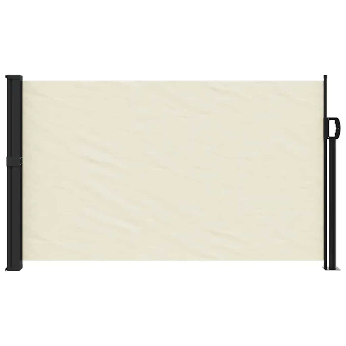 Ein einziehbarer Outdoor-Sichtschutz, beige, mit schwarzem Rahmen und Griff. Isoliert auf Weiß.