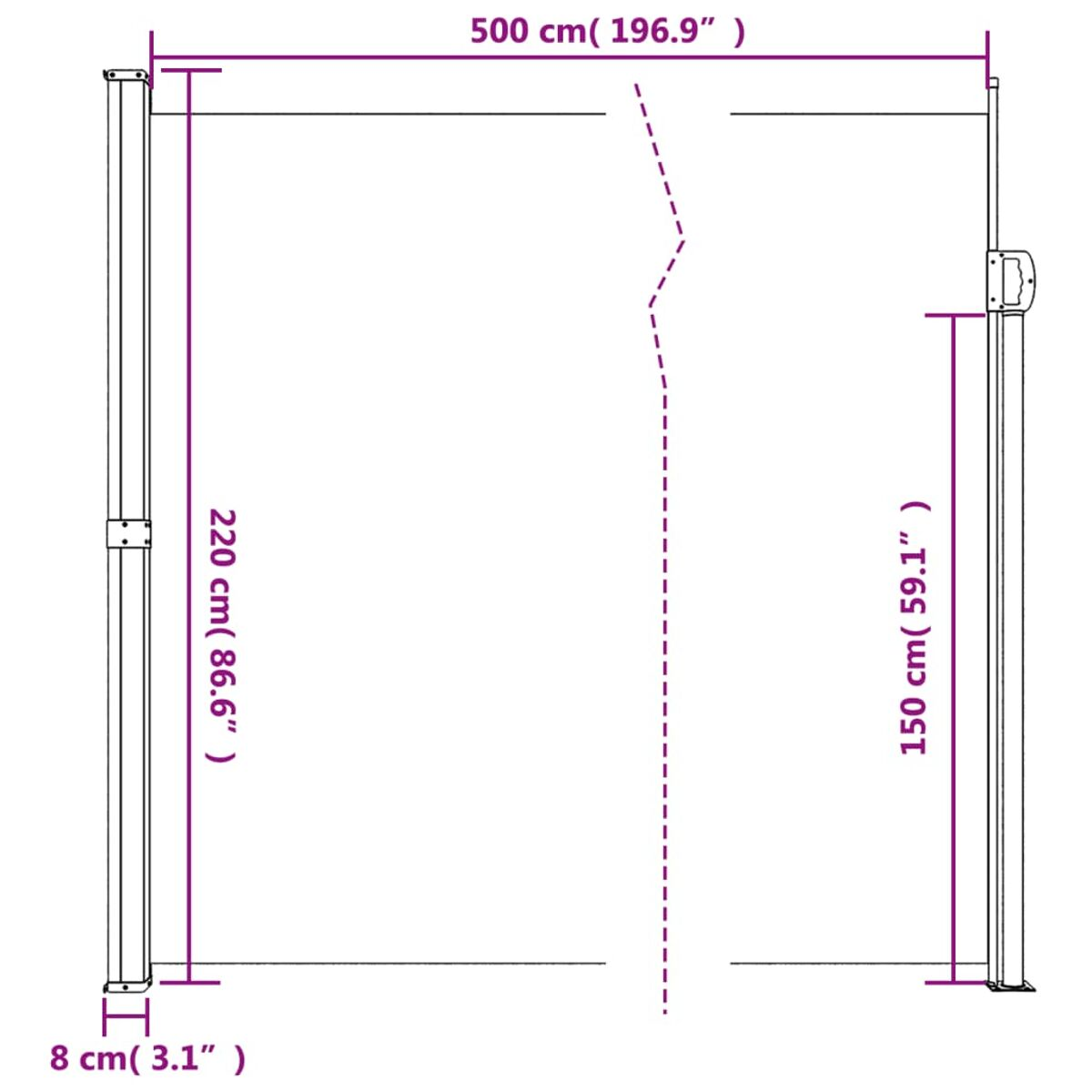 Diagramm, das zwei ausziehbare Bildschirme im Freien mit Abmessungen zeigt.