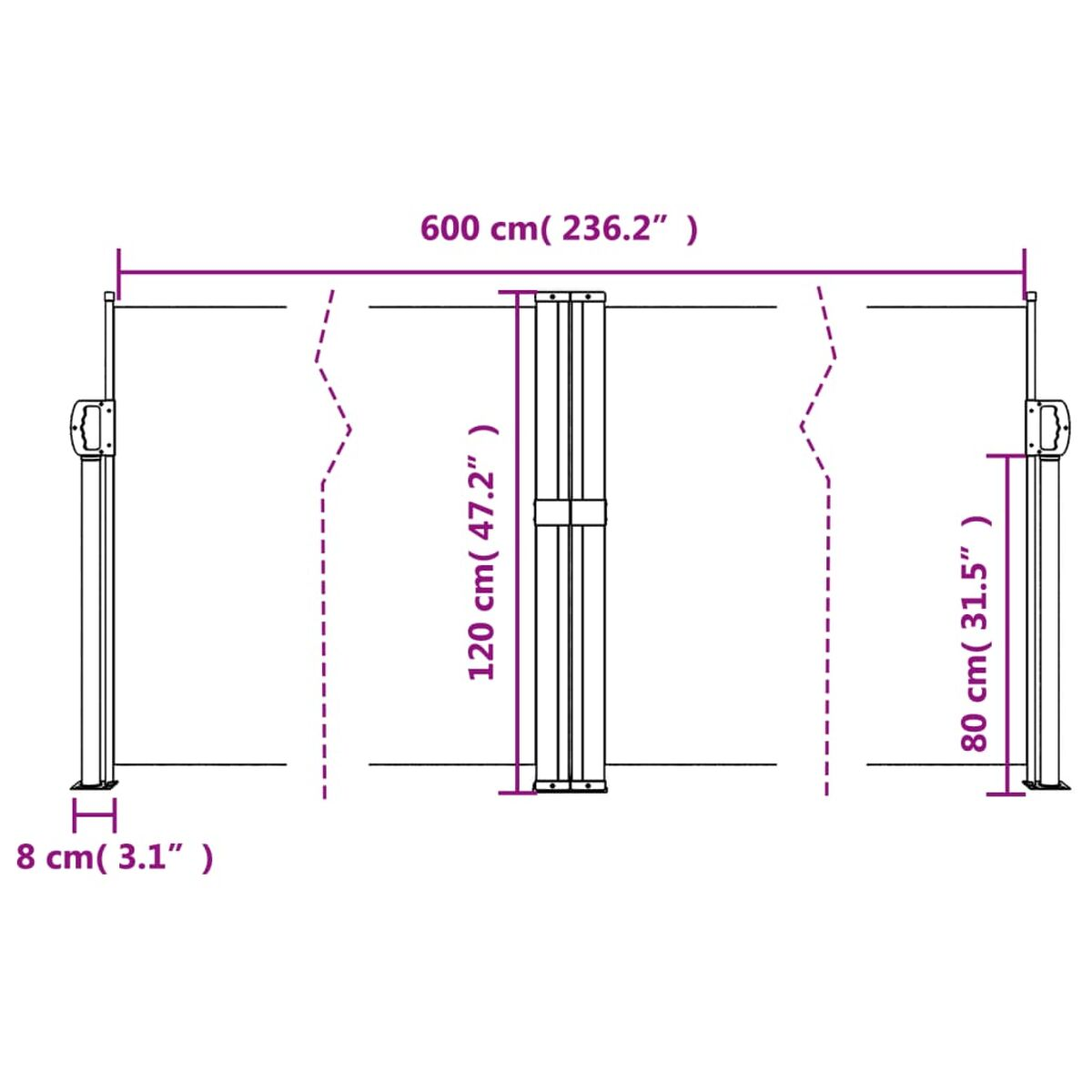 Diagramm eines ausziehbaren Sichtschutzes mit Abmessungen, das den geöffneten Schirm auf Weiß zeigt.