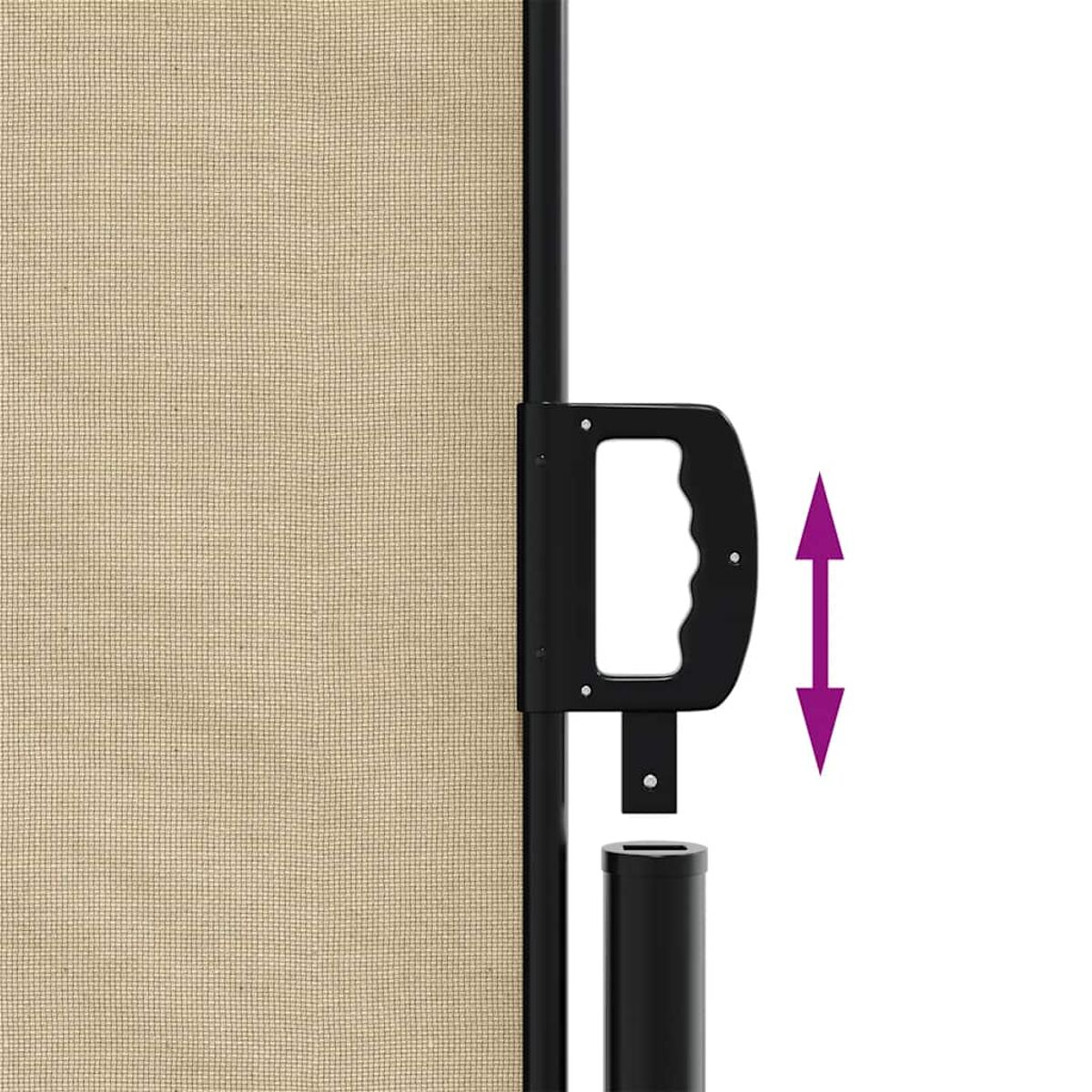 Beiger Outdoor-Sichtschutz mit schwarzem Rahmen. Nahaufnahme des Verriegelungsmechanismus.