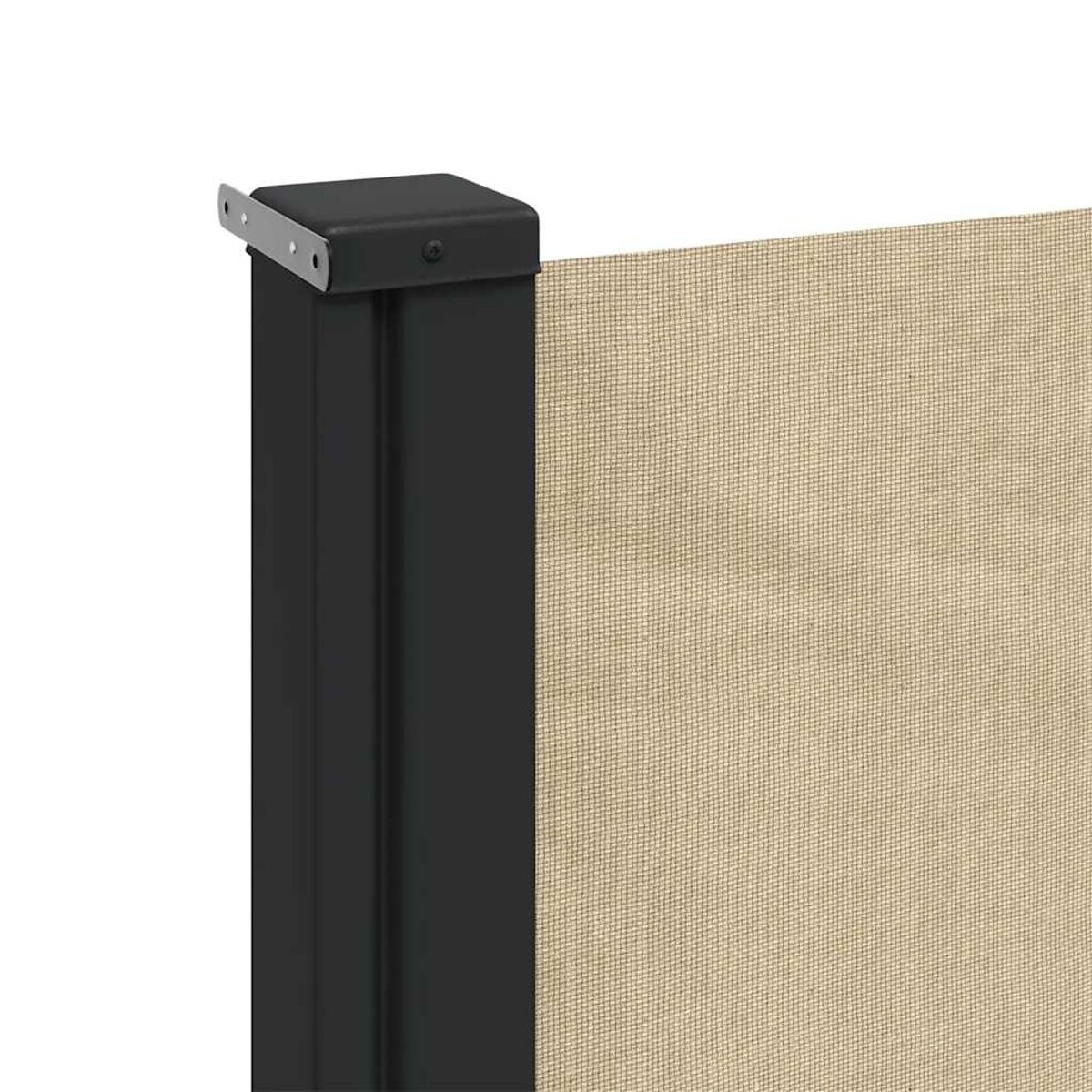 Nahaufnahme einer einziehbaren Bildschirmstange und -abdeckung. Beiger Bildschirm. Schwarzes Finish.