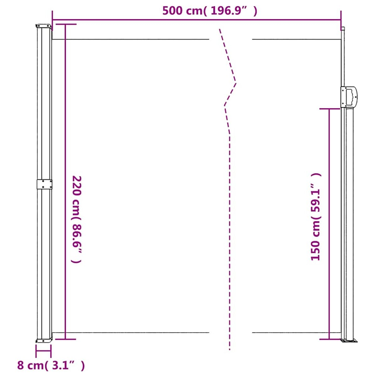 Diagramm mit den Abmessungen eines Sichtschutzes. Er ist 500 cm breit und 220 cm hoch.