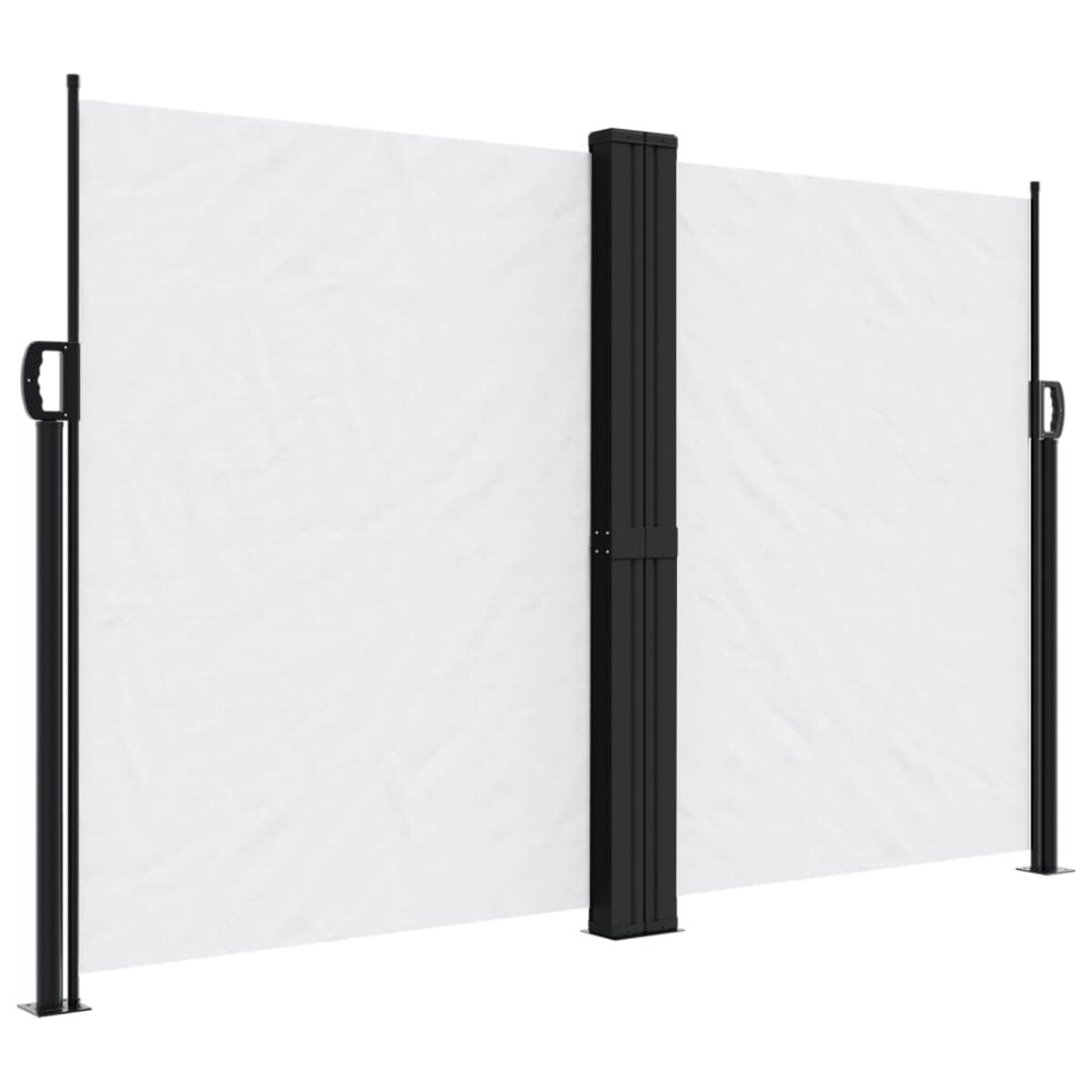 Weißes, einziehbares Sichtschutzscreen mit schwarzem Rahmen, isoliert vor weißem Hintergrund.