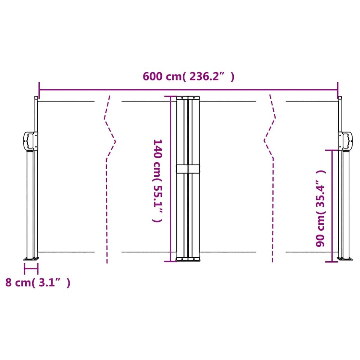 Draufsicht schematische Zeichnung eines Zauns mit Abmessungen in Zentimetern und Zoll.