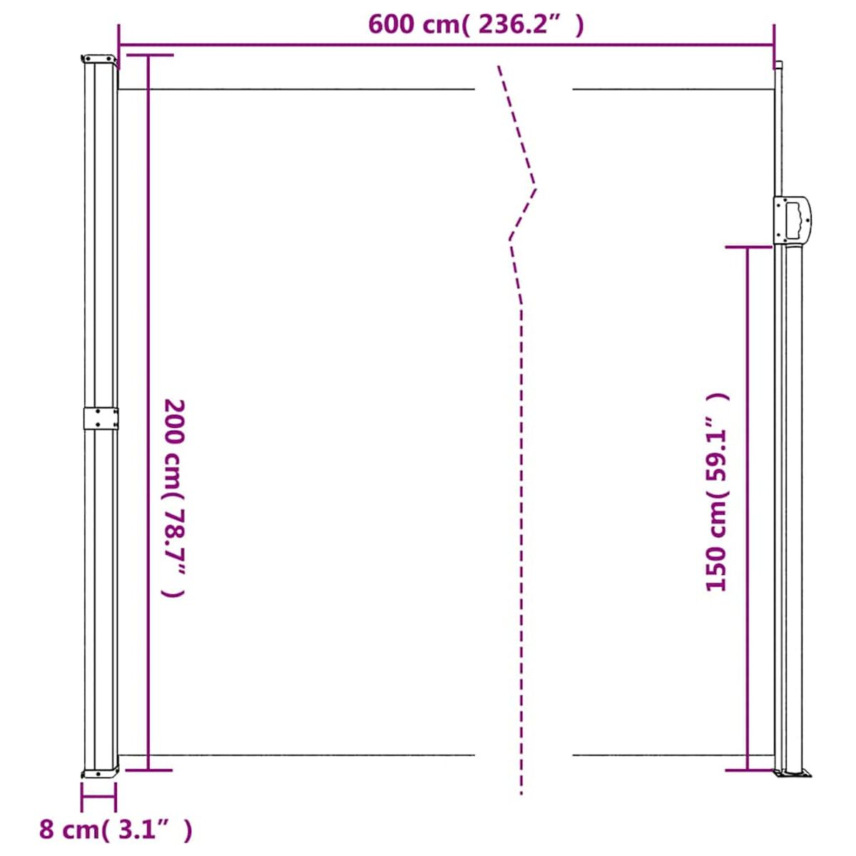 Diagramma di uno schermo retrattile che mostra le dimensioni in centimetri e pollici.