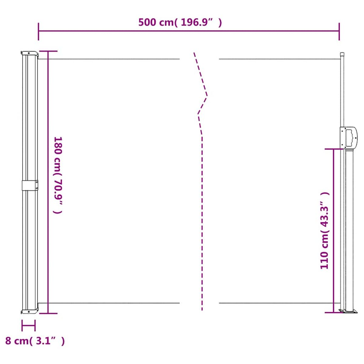 Un diagramma che mostra uno schermo. È largo 500 cm e alto 180 cm. Le misure sono indicate.