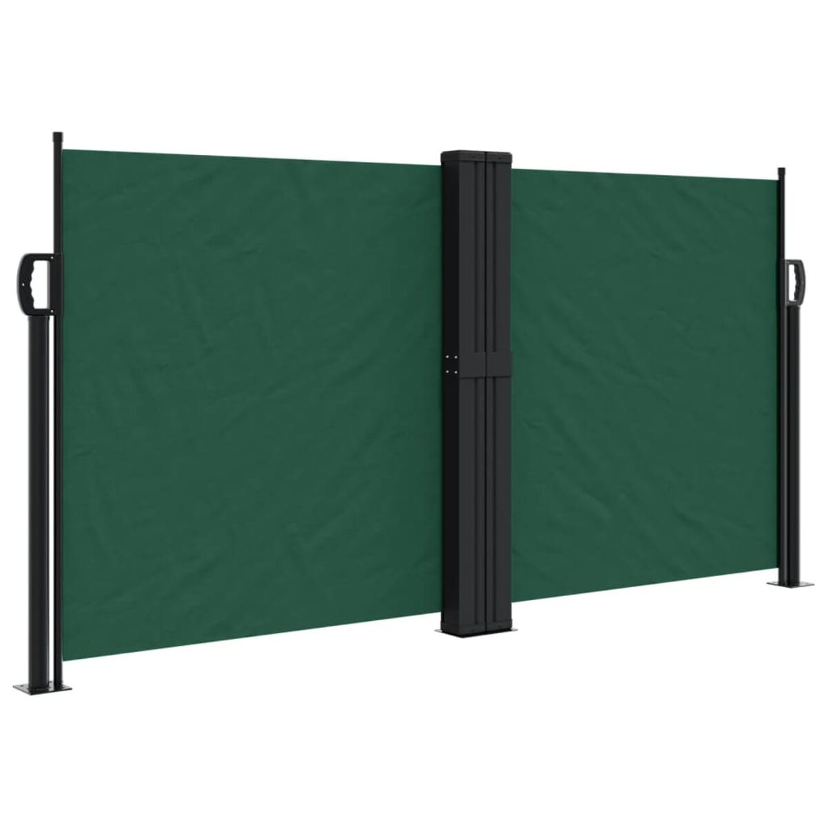 Grüner Outdoor-Sichtschutz mit schwarzem Rahmen, aufrecht stehend, isoliert auf Weiß.