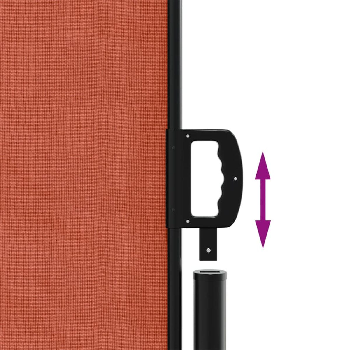 Detail eines Sichtschutzes mit rot-orangefarbenem Stoff und schwarzem Griff. Ein Pfeil zeigt die Bewegung.