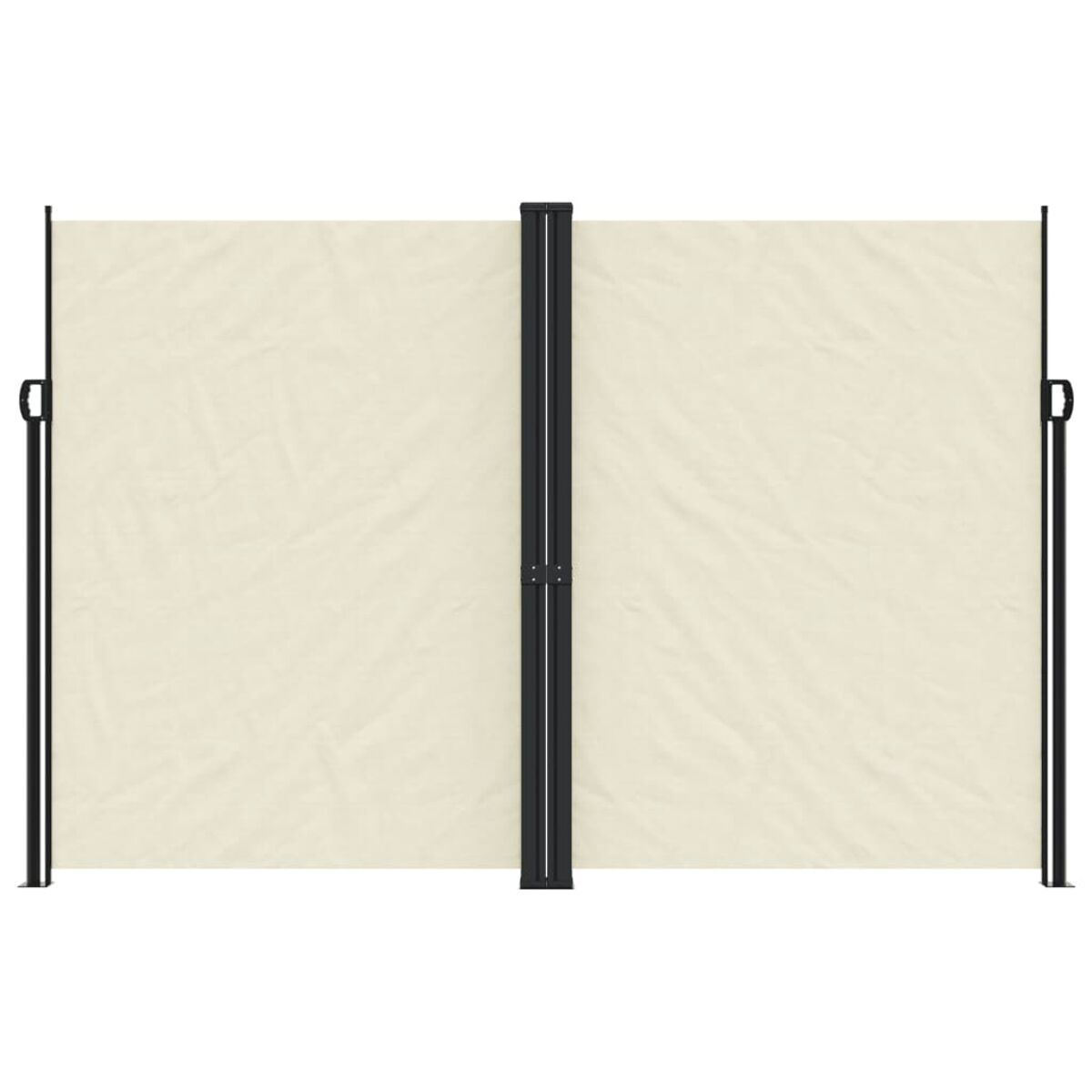 Zwei beige Outdoor-Bildschirme, getrennt durch einen schwarzen Pfosten. Die Bildschirme sind leicht faltig.