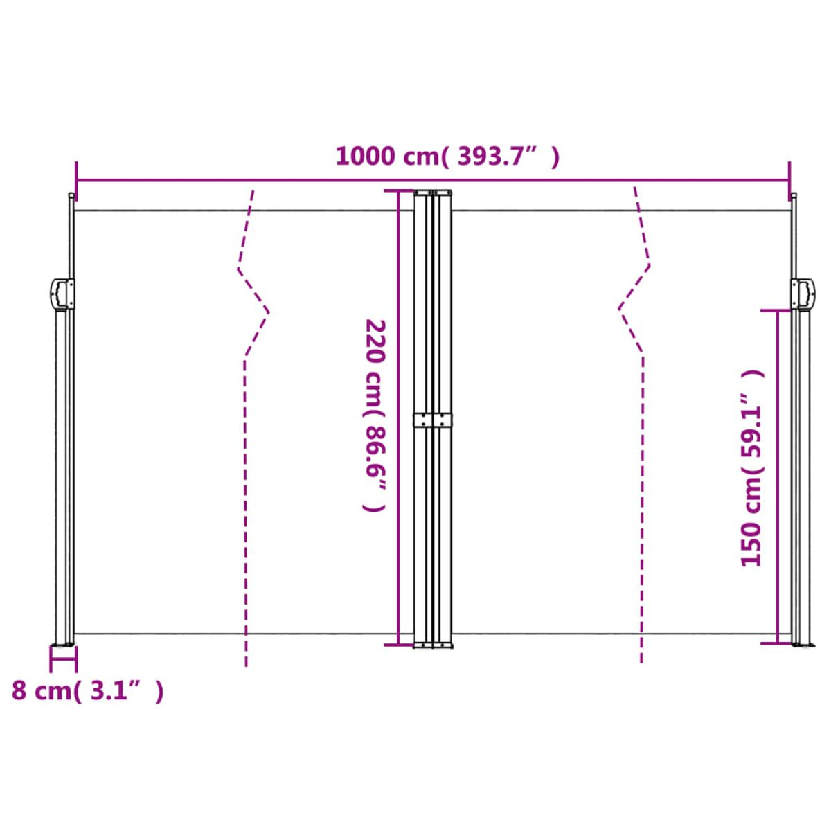 Diagramm eines einziehbaren Bildschirms mit Abmessungen in cm und Zoll.