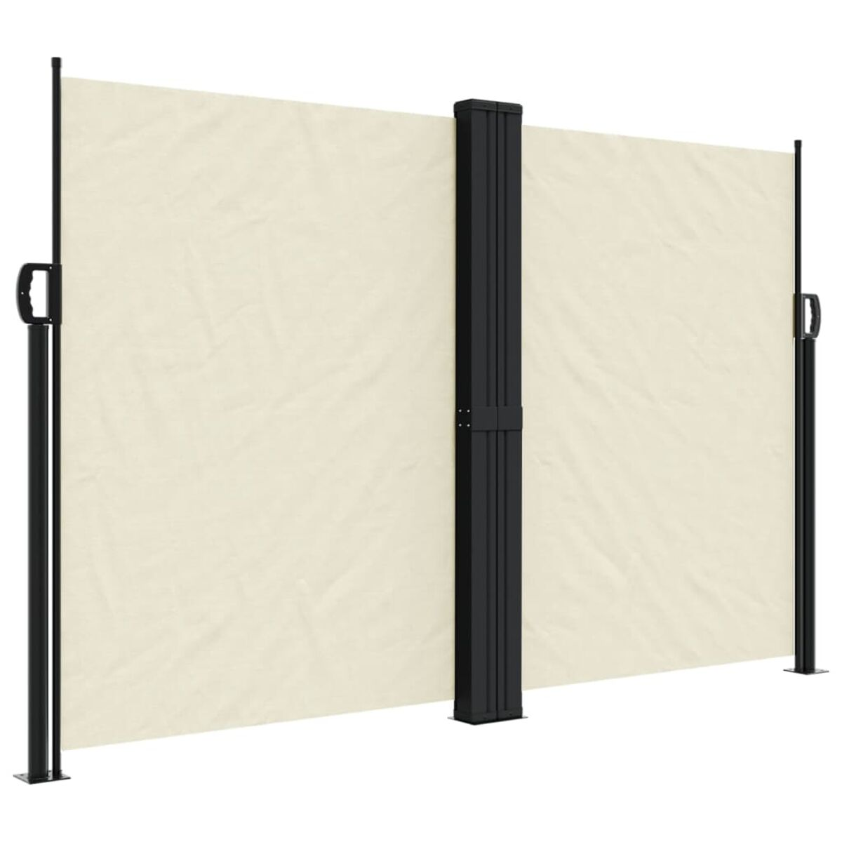 Ausfahrbare cremefarbene Außenleinwand. Schwarzer Rahmen, cremefarbener Stoff.