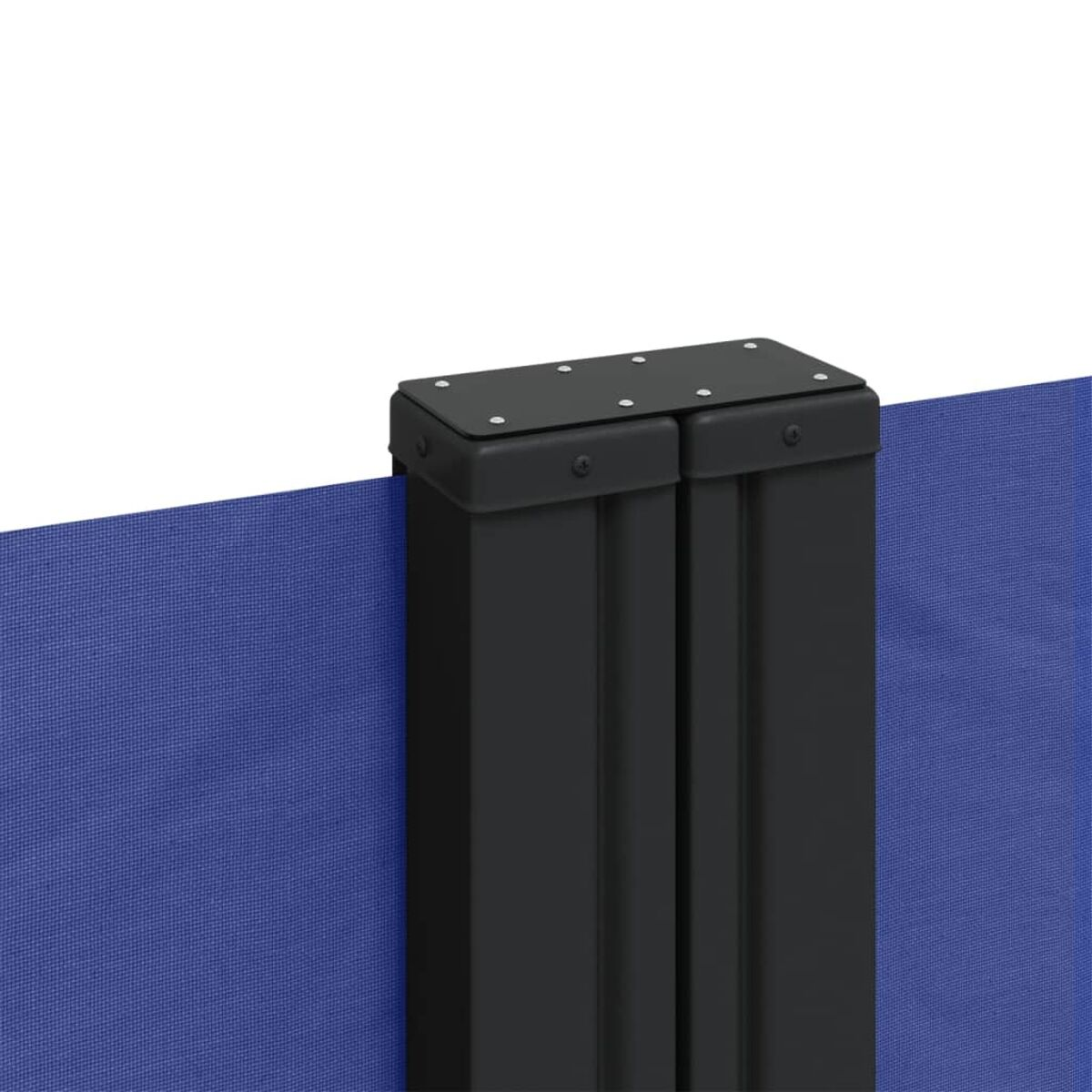 Eine schwarze Metall-Bildschirmstütze mit blauem Bildschirmmaterial.