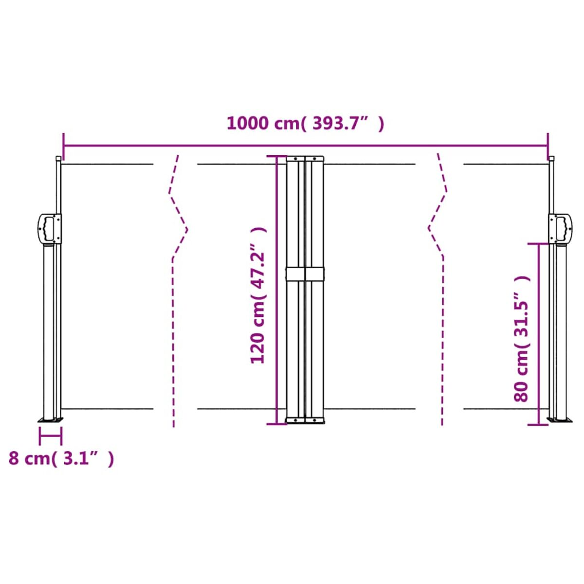 Diagramm einer ausfahrbaren Markise mit Abmessungen in cm und Zoll.