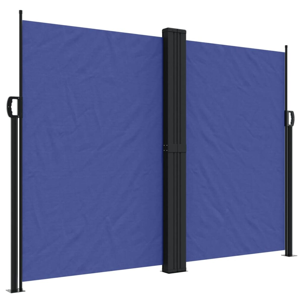 Blauer Outdoor-Sichtschutz mit schwarzen Pfosten und einer zentralen Halterung.