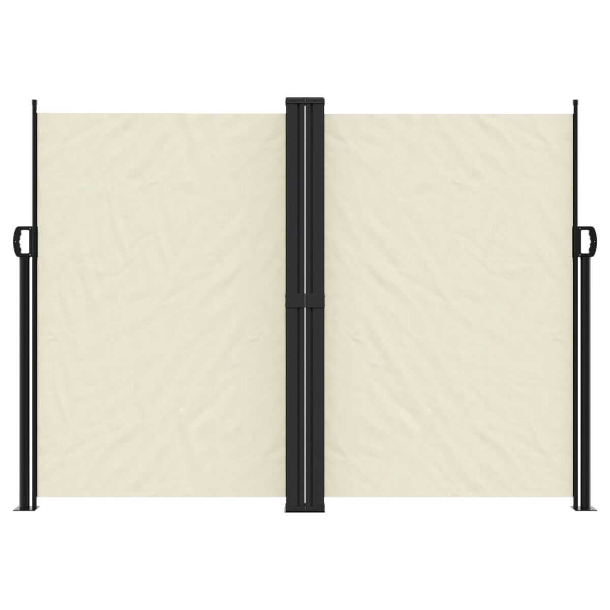 Einziehbarer Zaun. Beige Paneele, schwarze Pfosten. Der Zaun ist ausgefahren.