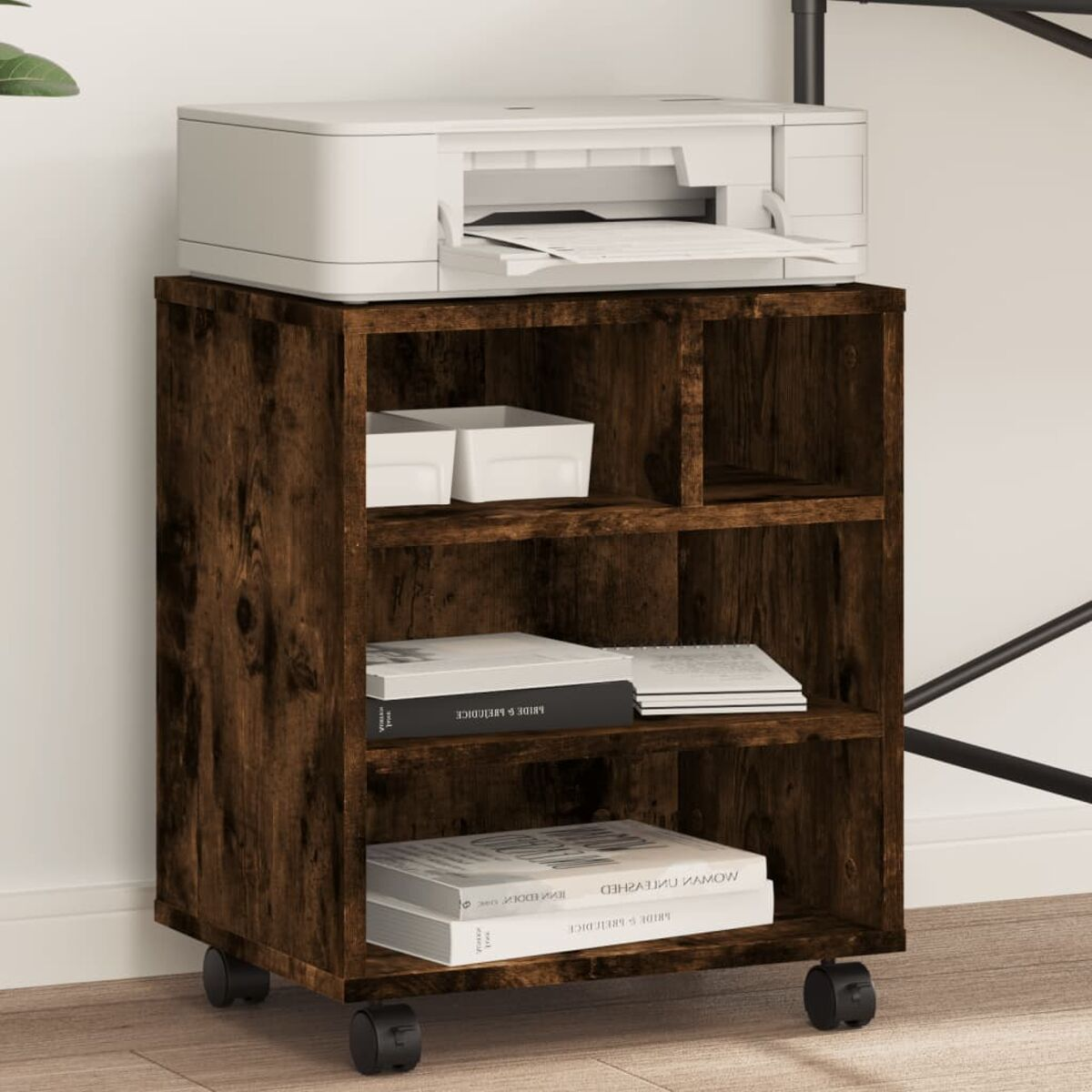 Dunkelbrauner Holzschrank mit Regalen, Drucker und Büchern. Weißer Hintergrund.
