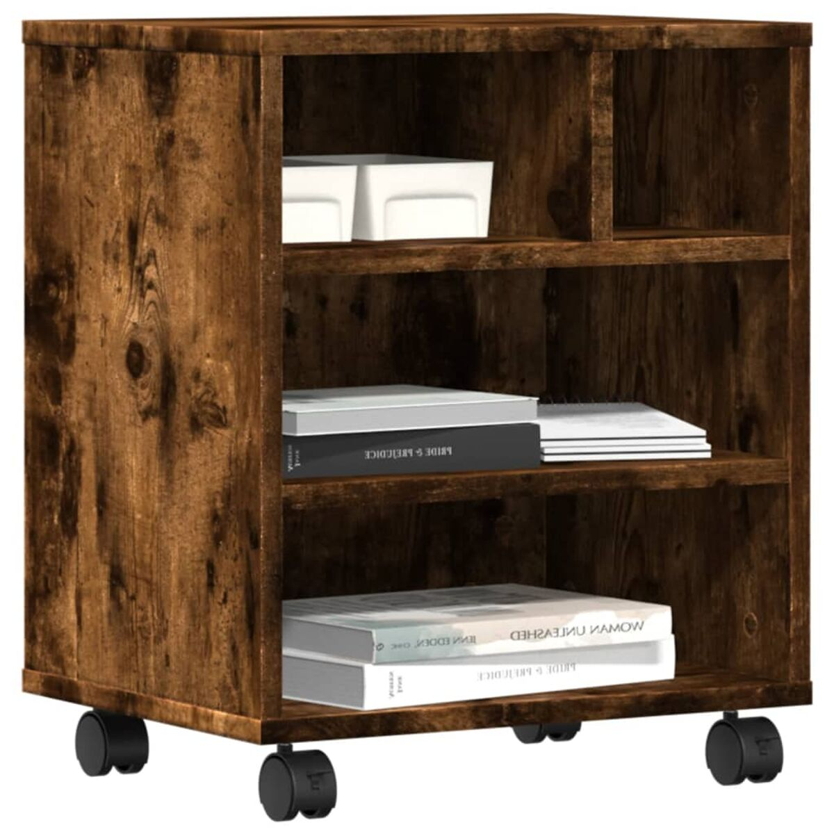 Holzschrank auf Rollen mit Regalen und Gegenständen, braune Farbe.