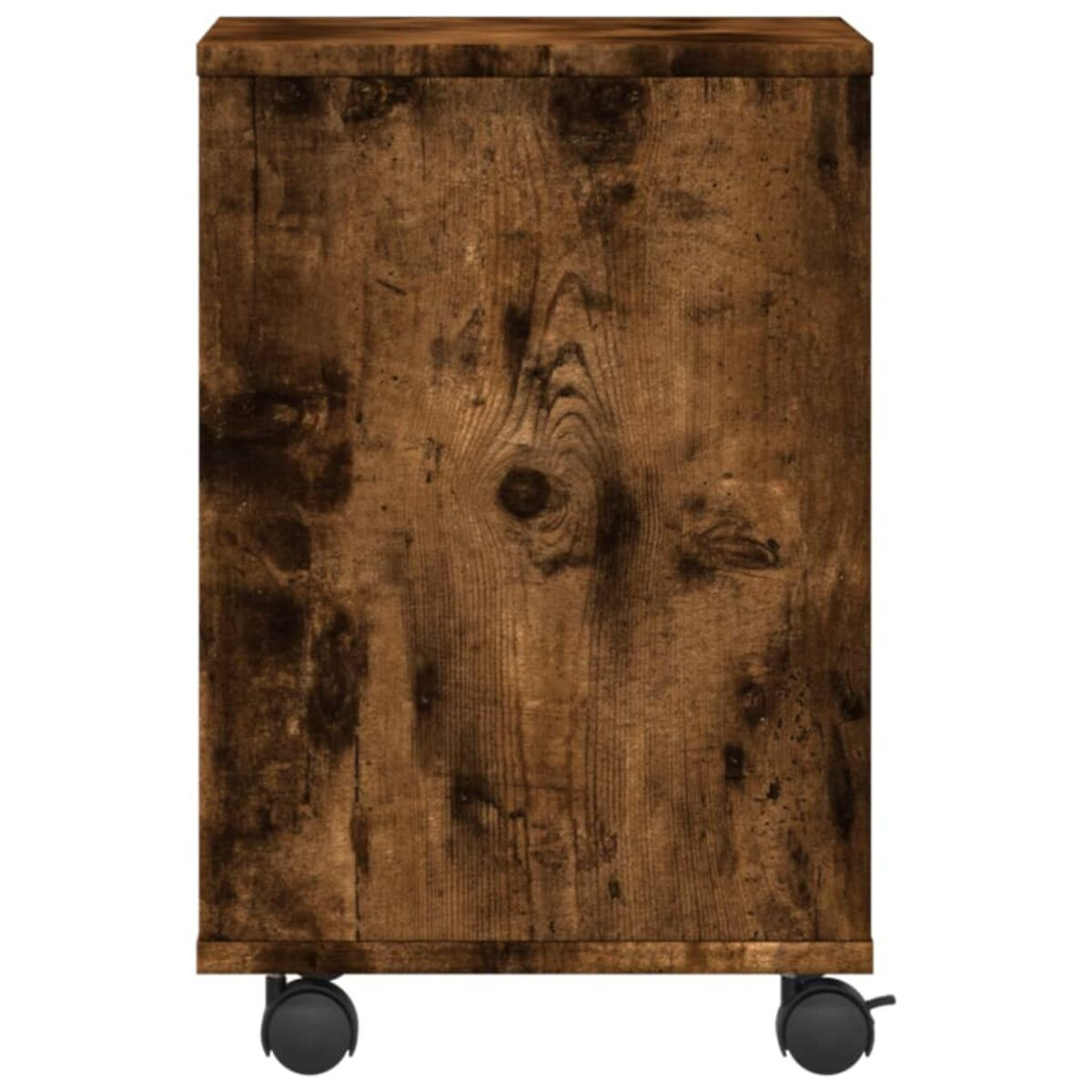 Holzschrank auf Rädern, braun, mit natürlicher Holzmaserung. Der Schrank wird von hinten betrachtet.