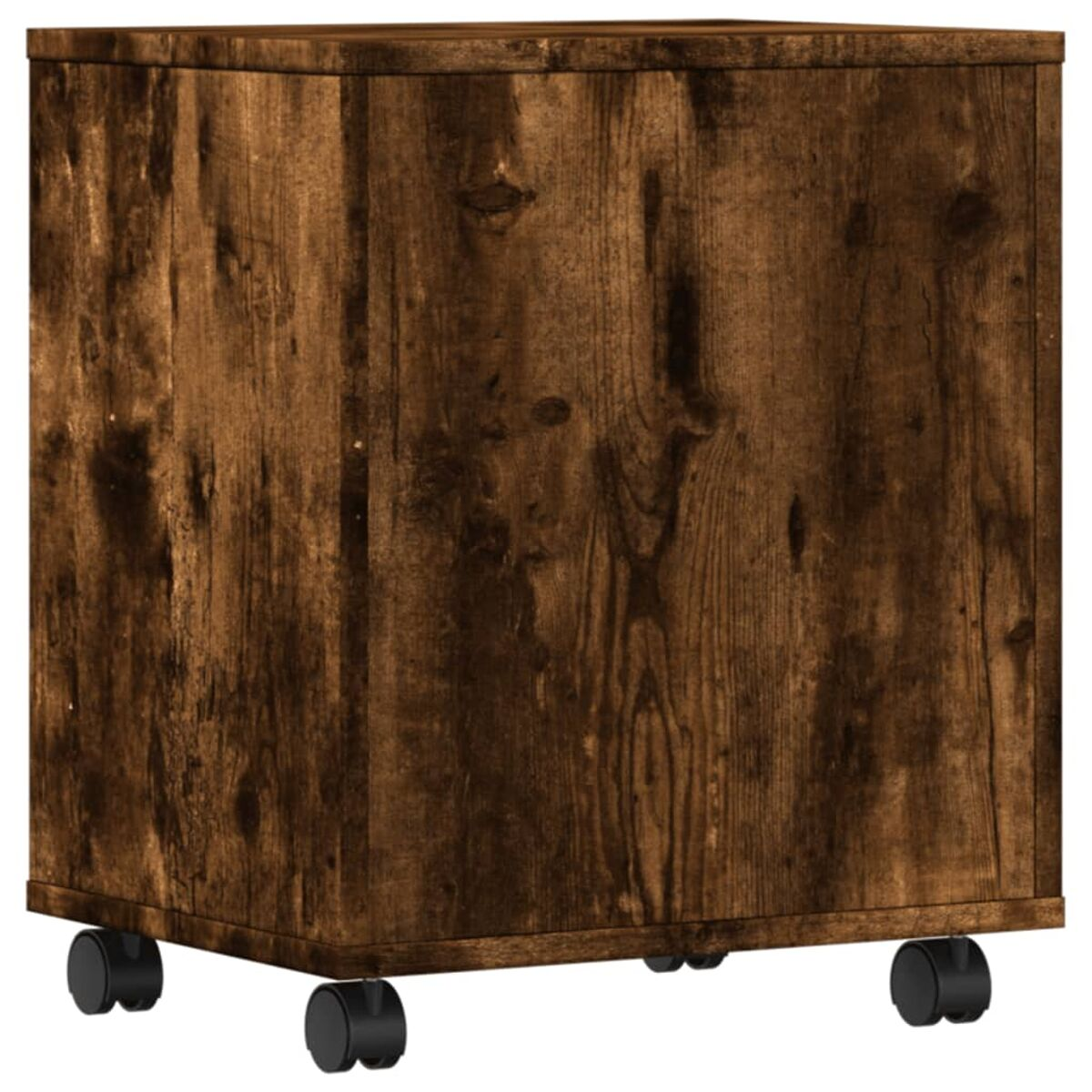 Ein Holzschrank auf Rädern mit brauner Holzmaserung. Er hat eine quadratische Form.