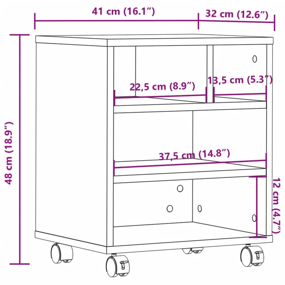 Holzschrank auf Rädern. Drei Regale, Maße in Weiß beschriftet.