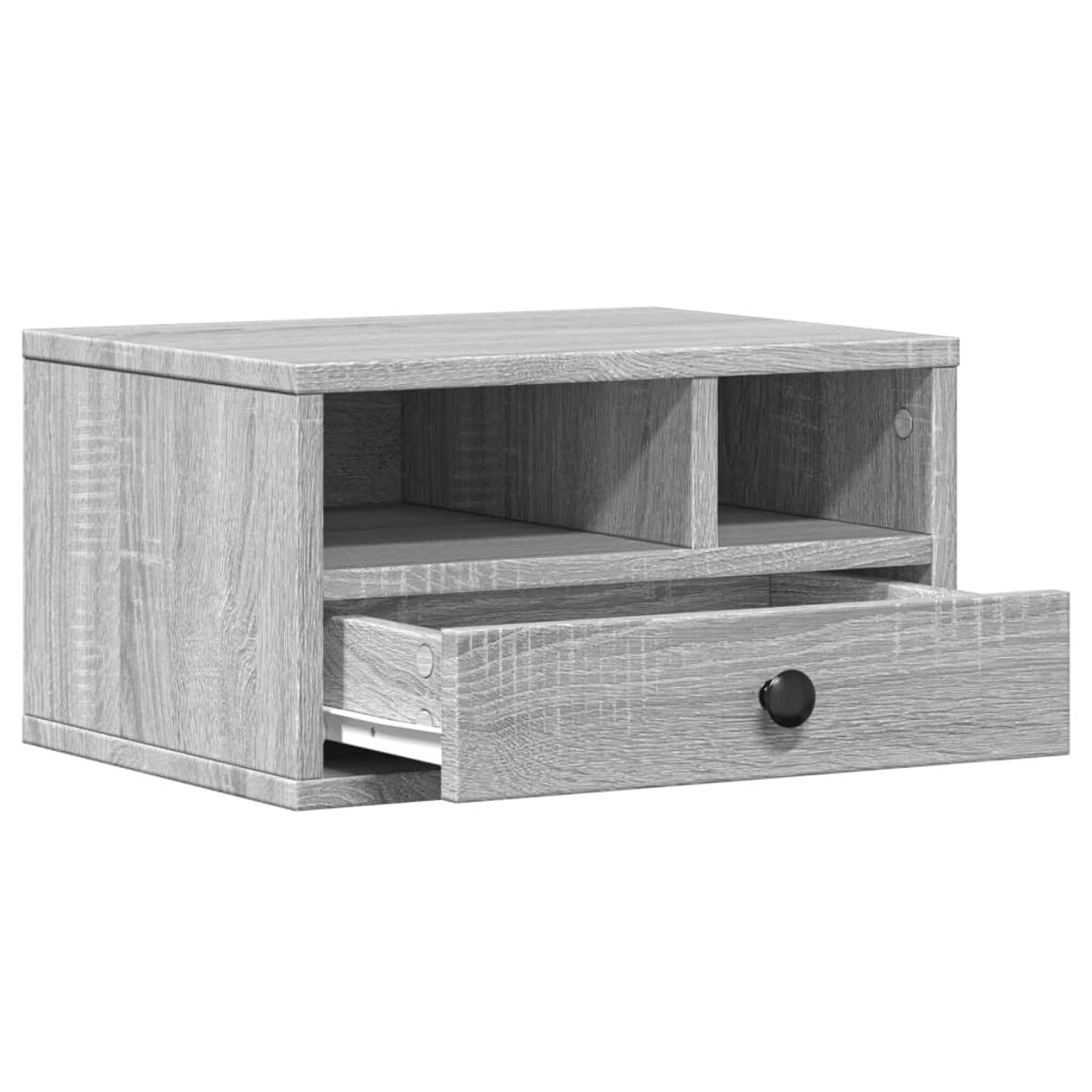 Ein grauer Holzschrank mit ausgezogener Schublade und Stauräumen.