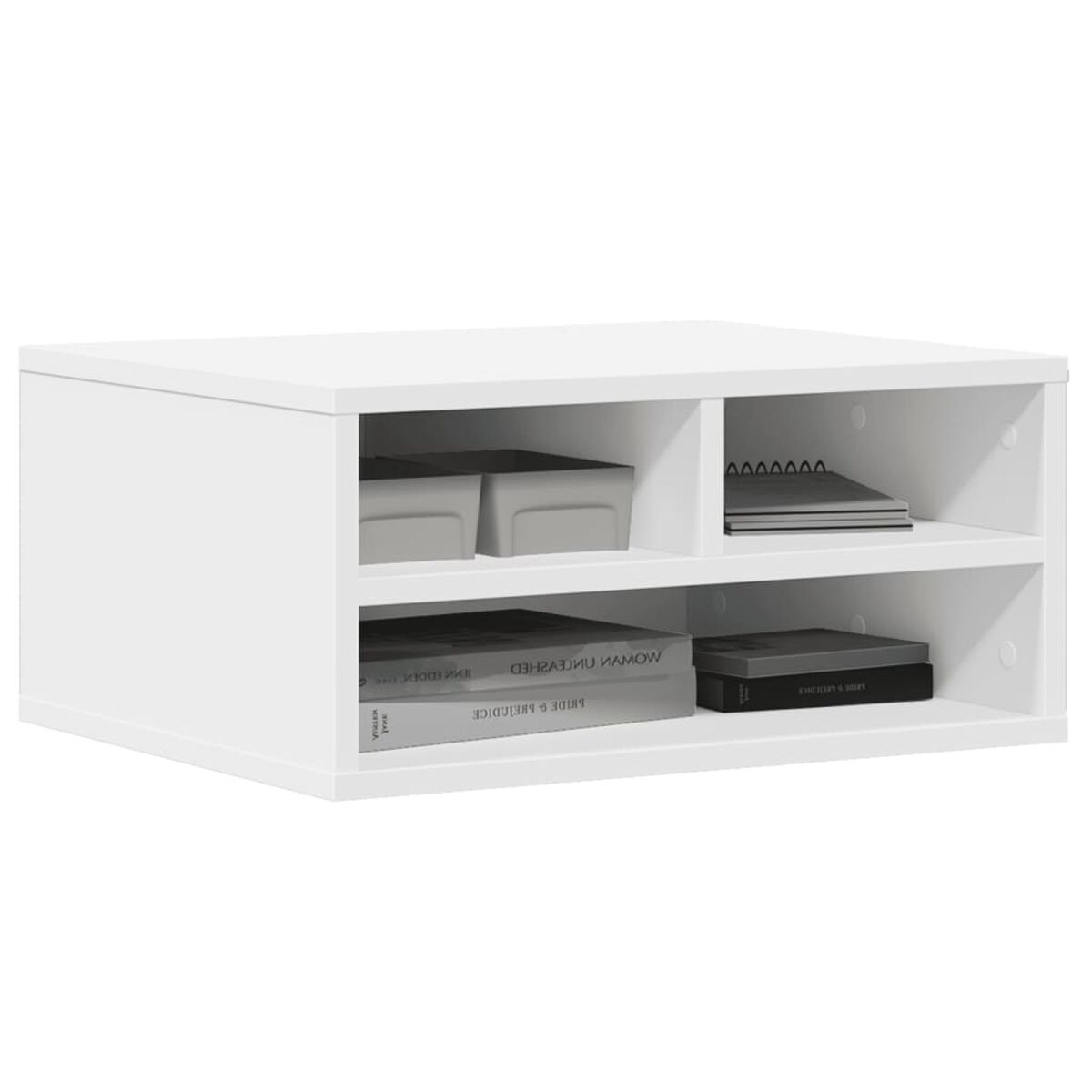 Weißer Schrank mit Regalen. Er hat zwei offene Bereiche mit Büchern und Boxen und zwei mit Stauraum.